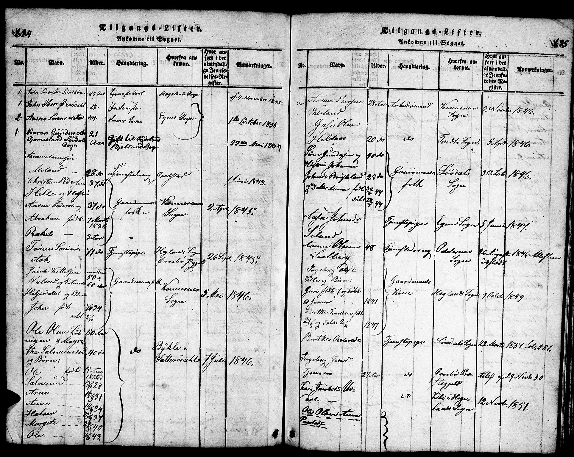 Bjelland sokneprestkontor, SAK/1111-0005/F/Fb/Fba/L0003: Parish register (copy) no. B 3, 1816-1870, p. 624-625