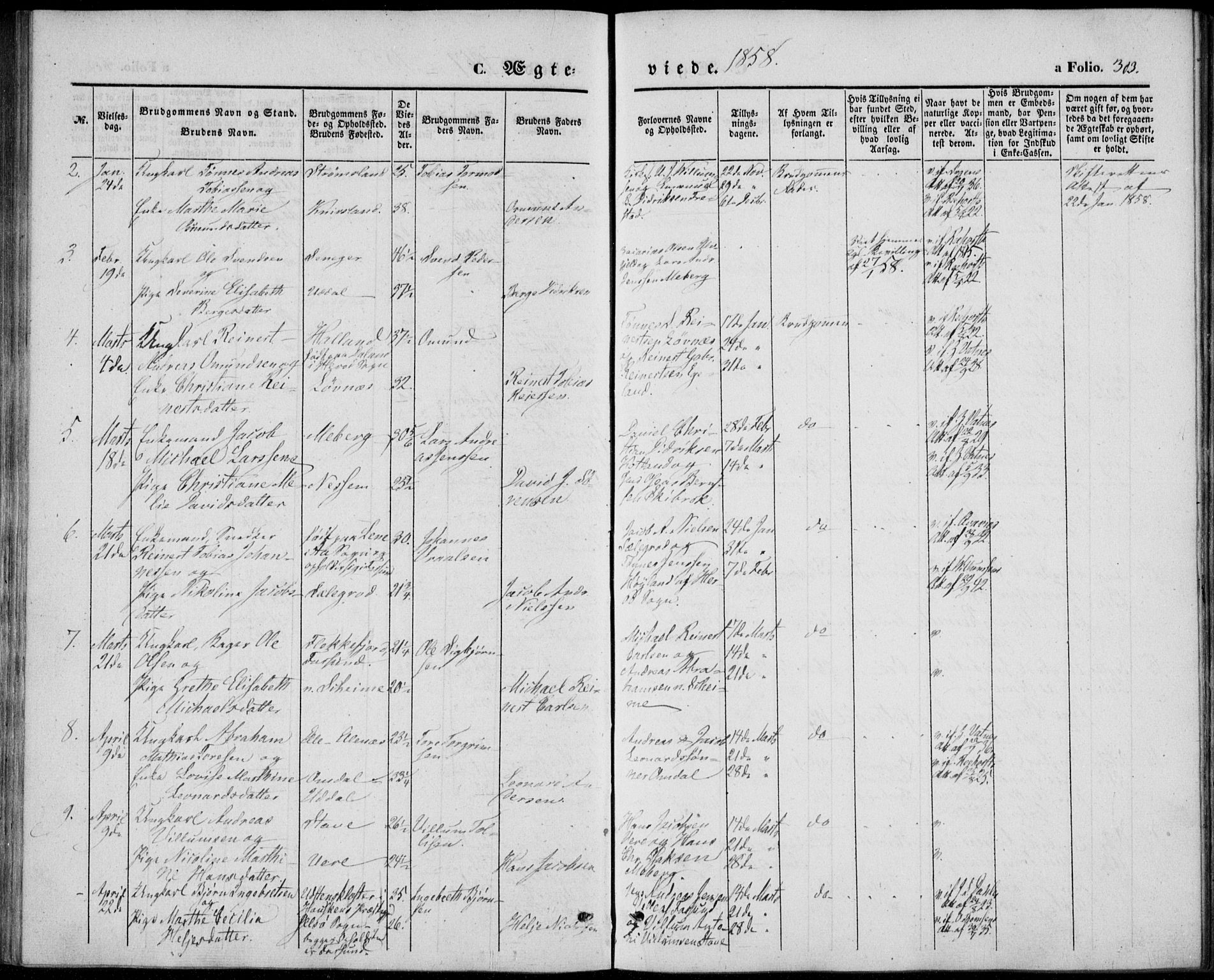 Lista sokneprestkontor, AV/SAK-1111-0027/F/Fb/L0002: Parish register (copy) no. B 2, 1847-1862, p. 303