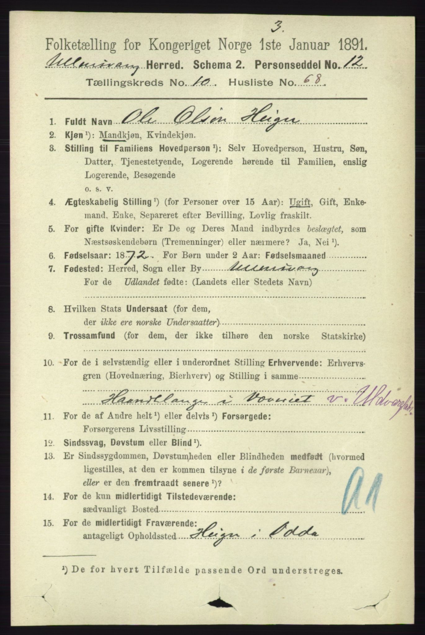 RA, 1891 census for 1230 Ullensvang, 1891, p. 4198