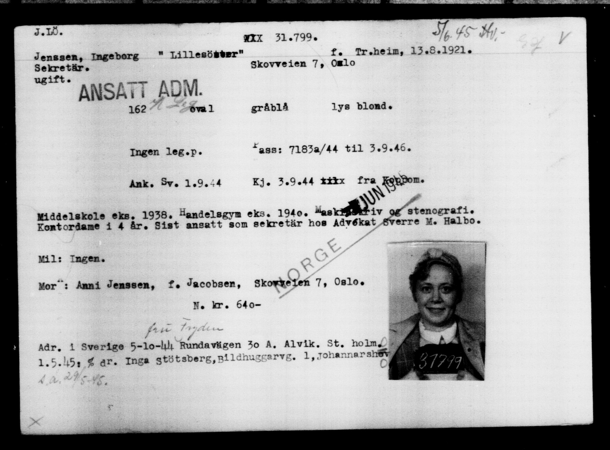 Utenriksstasjonene, Legasjonen i Stockholm, Flyktningkontoret, AV/RA-S-6753/V/Va/L0013: Kjesäterkartoteket, flyktninger med registreringsnr. 31500-34731, 1940-1945, p. 330