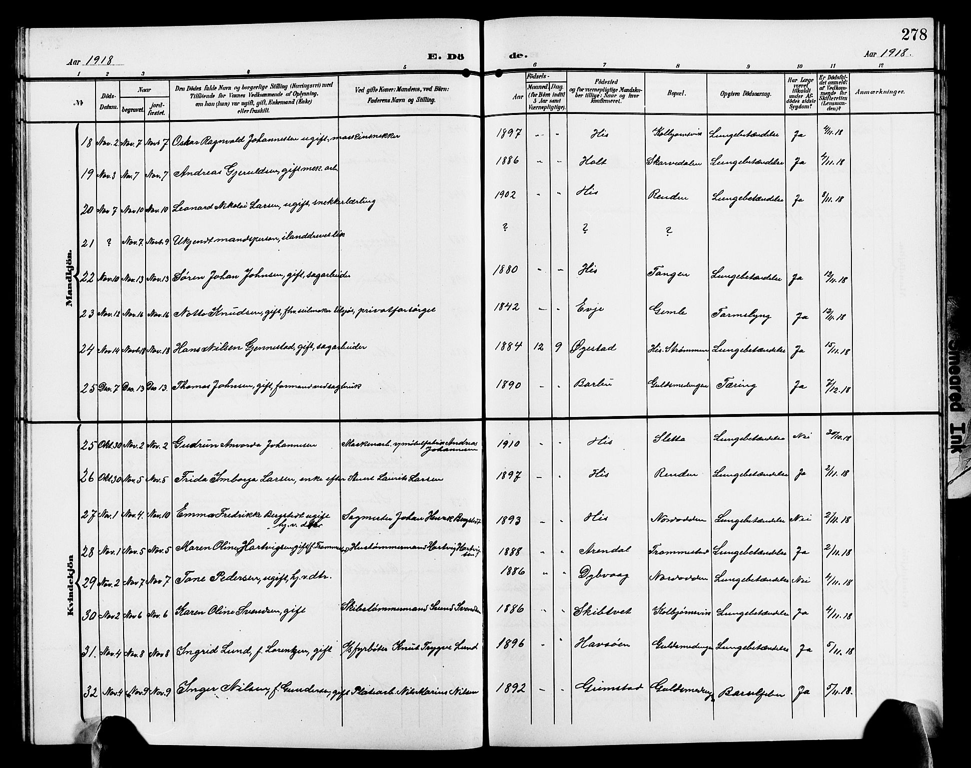 Hisøy sokneprestkontor, AV/SAK-1111-0020/F/Fb/L0004: Parish register (copy) no. B 4, 1905-1923, p. 278