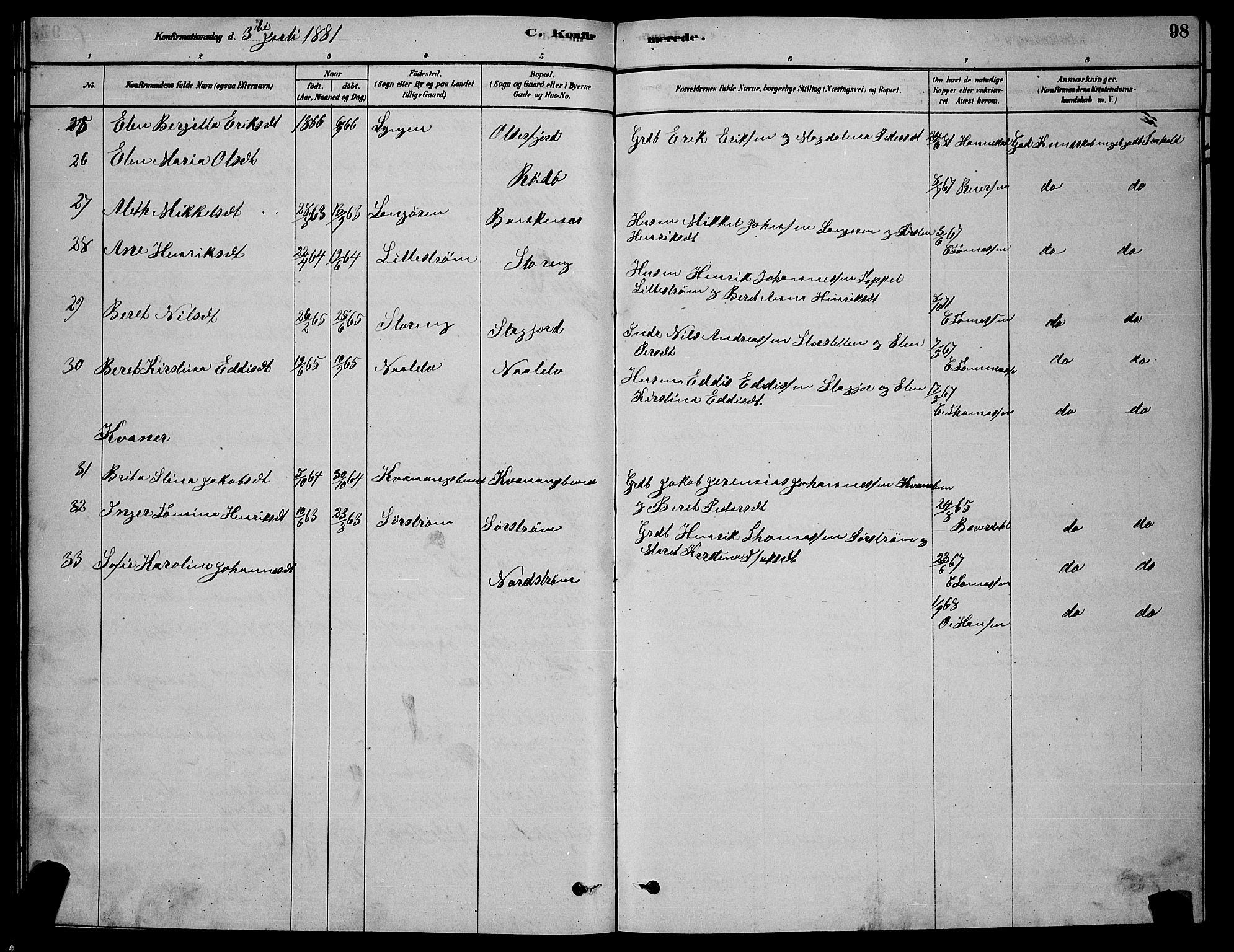 Skjervøy sokneprestkontor, AV/SATØ-S-1300/H/Ha/Hab/L0015klokker: Parish register (copy) no. 15, 1878-1890, p. 98