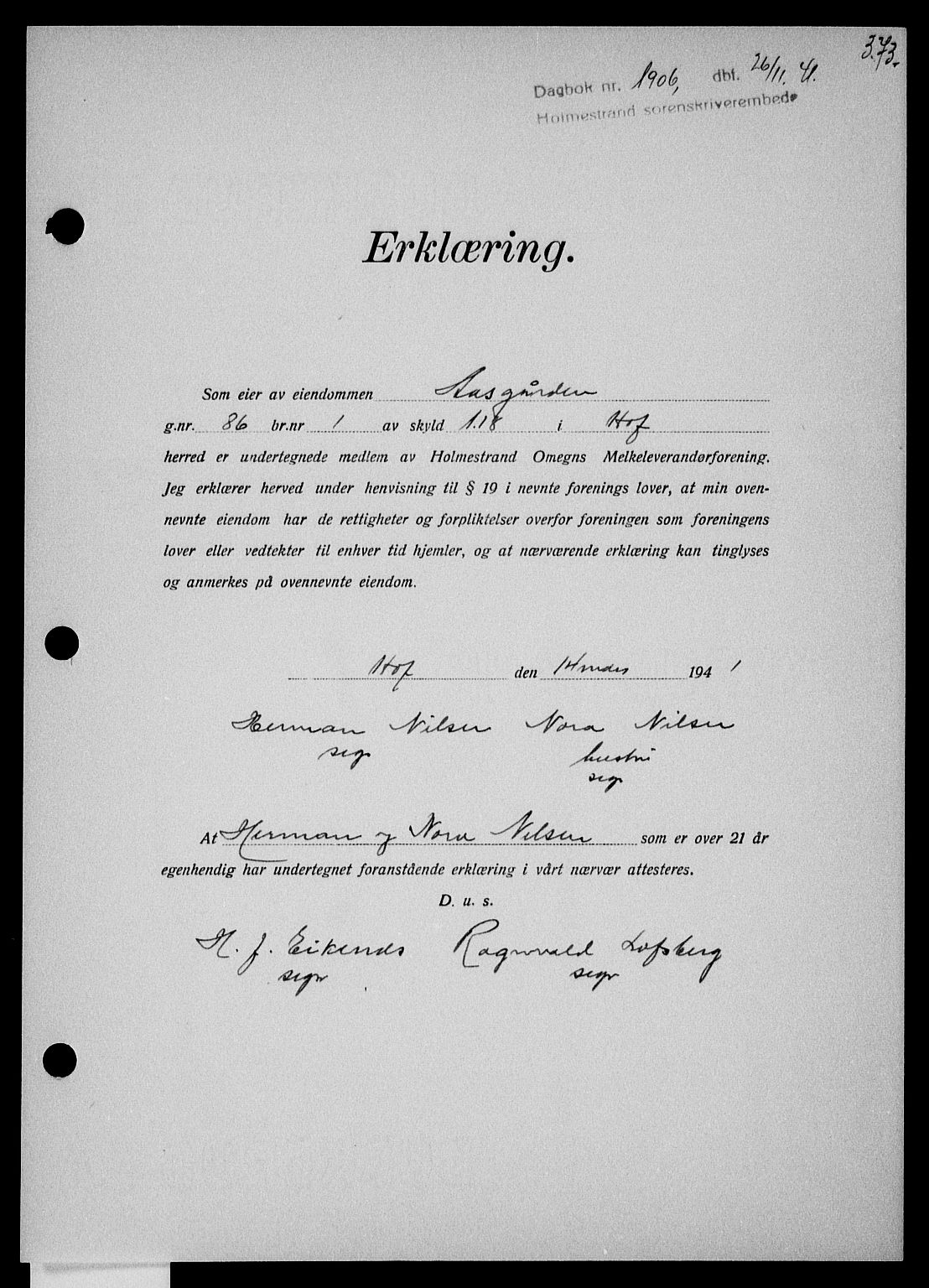 Holmestrand sorenskriveri, SAKO/A-67/G/Ga/Gaa/L0054: Mortgage book no. A-54, 1941-1942, Diary no: : 1906/1941