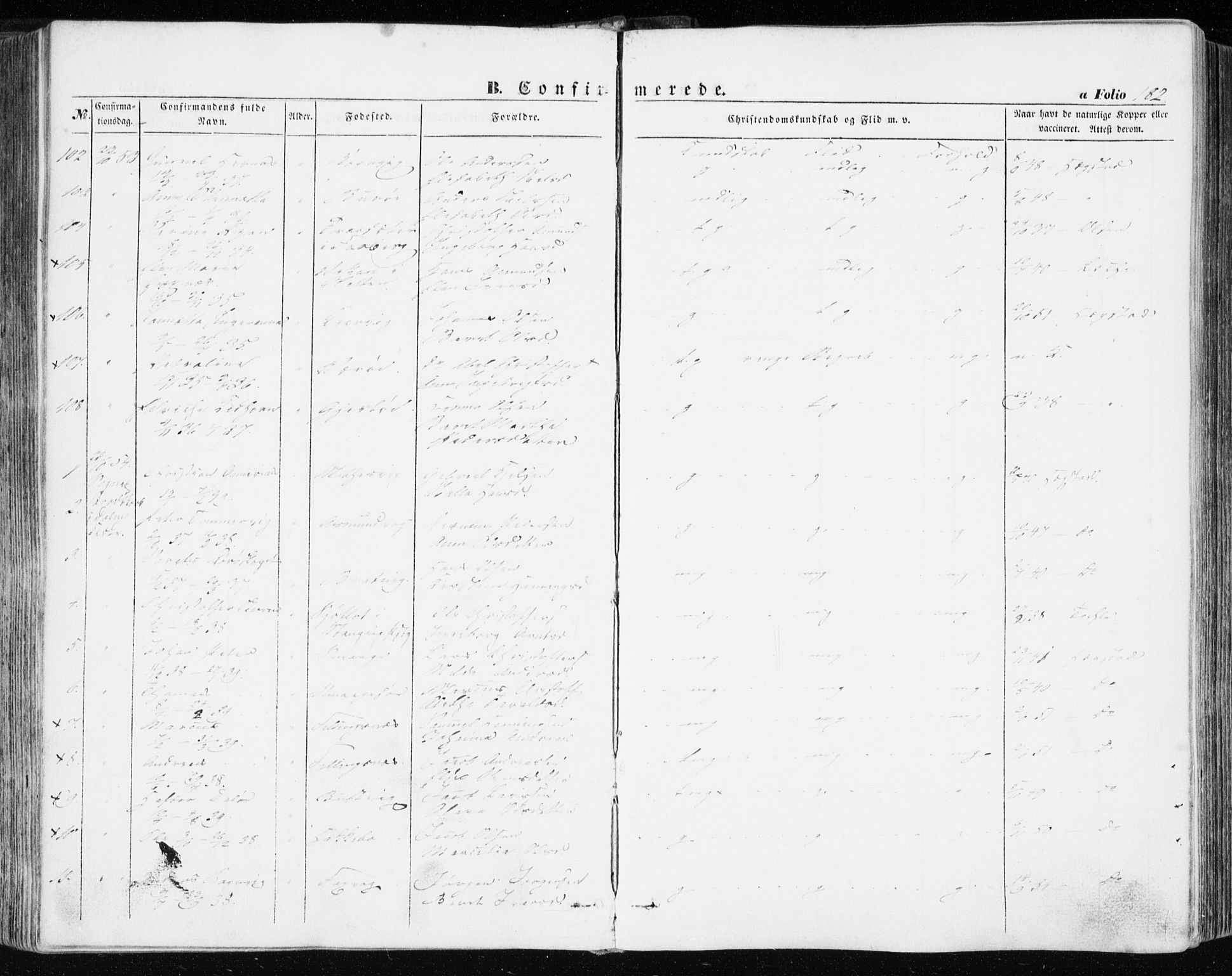 Ministerialprotokoller, klokkerbøker og fødselsregistre - Sør-Trøndelag, SAT/A-1456/634/L0530: Parish register (official) no. 634A06, 1852-1860, p. 182