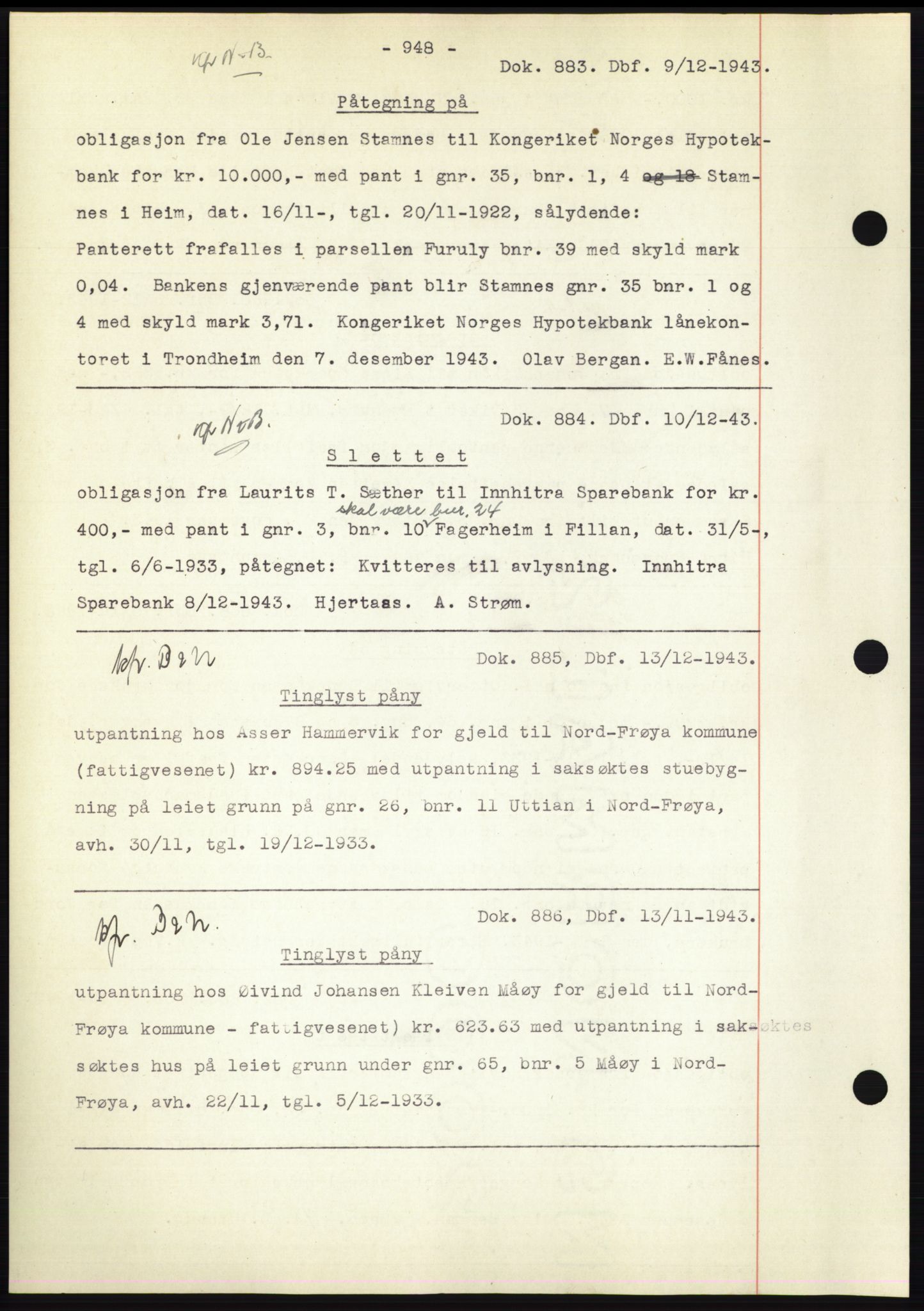 Hitra sorenskriveri, AV/SAT-A-0018/2/2C/2Ca: Mortgage book no. C1, 1936-1945, Diary no: : 883/1943