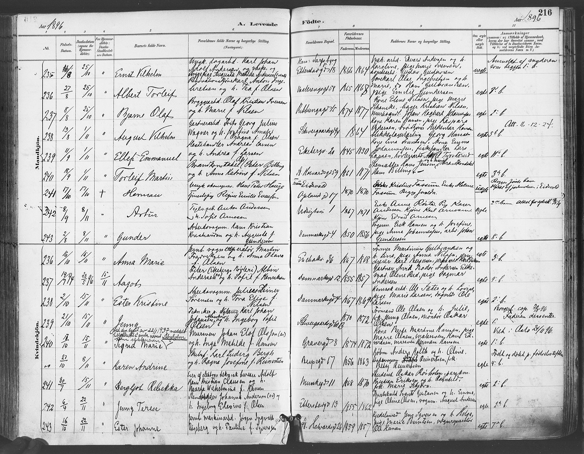 Gamlebyen prestekontor Kirkebøker, AV/SAO-A-10884/F/Fa/L0007: Parish register (official) no. 7, 1889-1899, p. 216