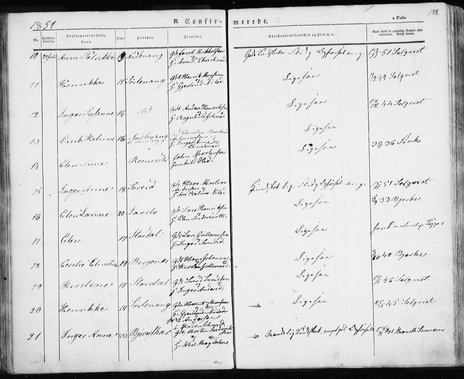 Karlsøy sokneprestembete, AV/SATØ-S-1299/H/Ha/Haa/L0003kirke: Parish register (official) no. 3, 1843-1860, p. 188