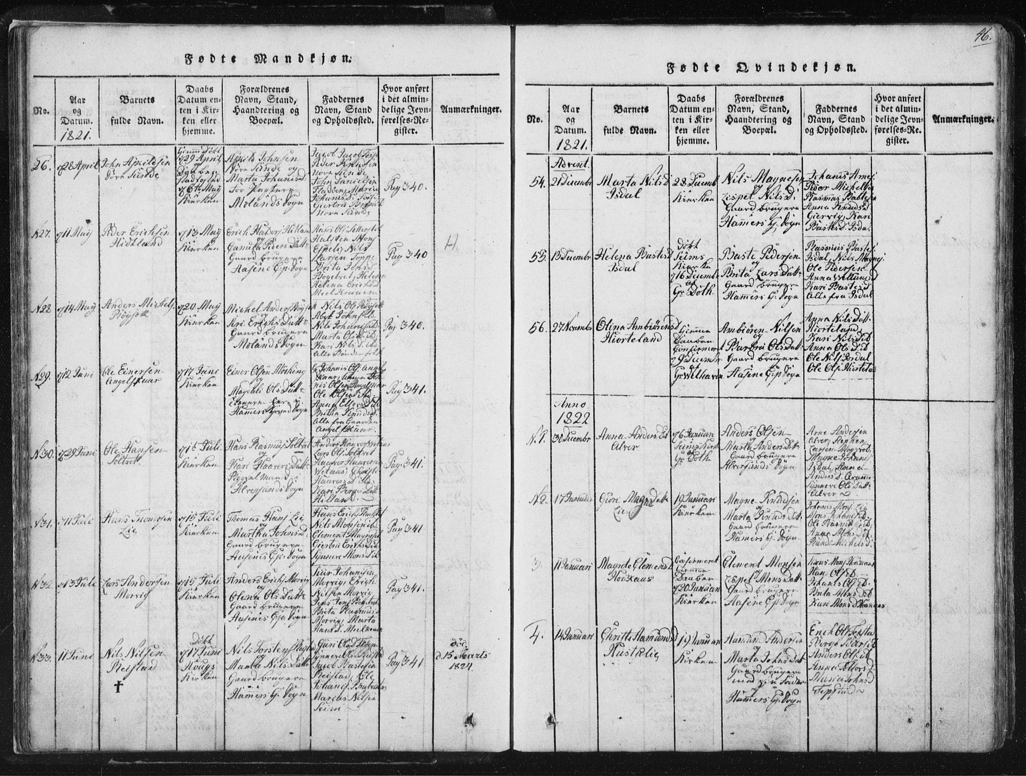 Hamre sokneprestembete, AV/SAB-A-75501/H/Ha/Haa/Haaa/L0010: Parish register (official) no. A 10, 1816-1826, p. 46