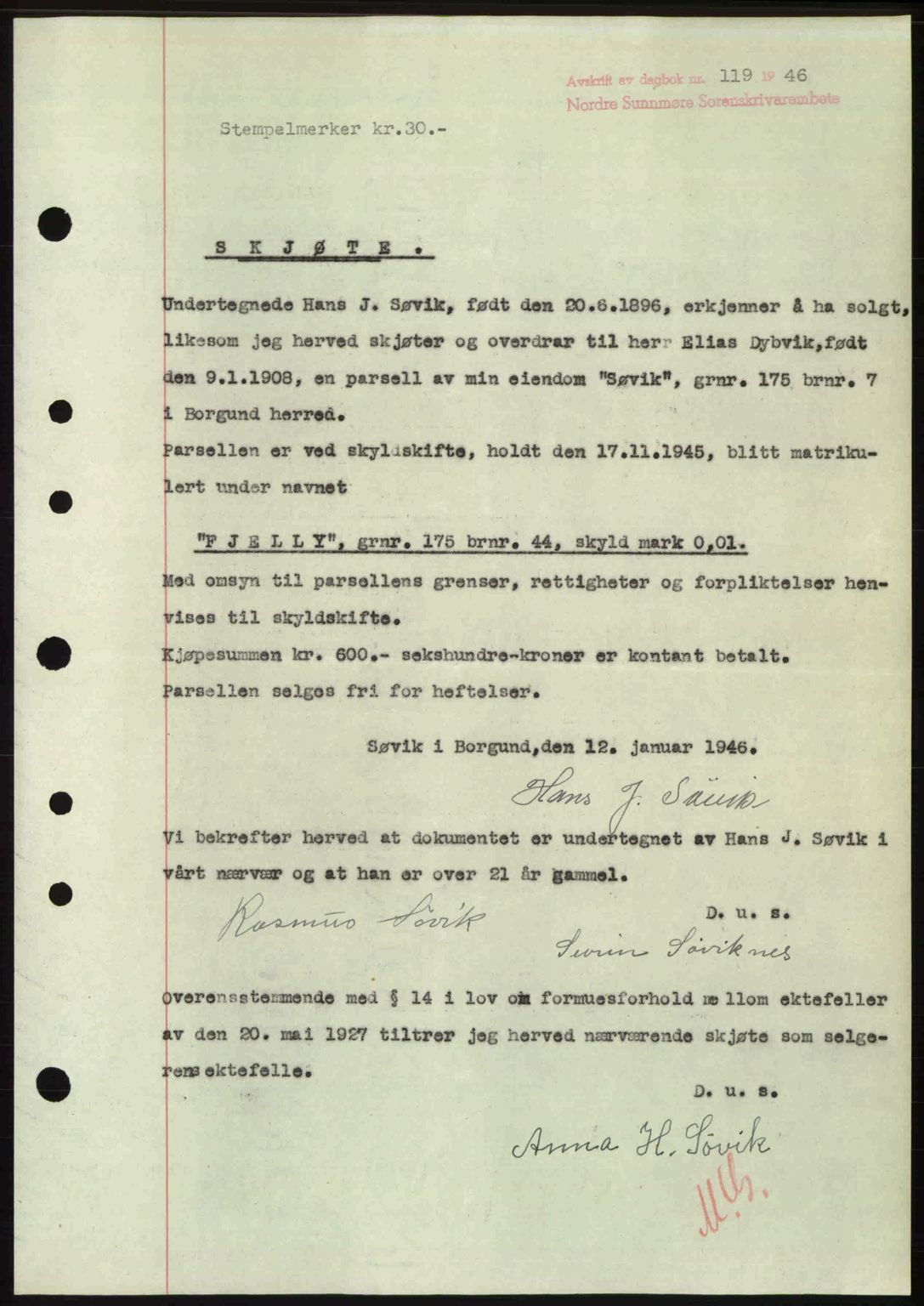 Nordre Sunnmøre sorenskriveri, AV/SAT-A-0006/1/2/2C/2Ca: Mortgage book no. A20b, 1946-1946, Diary no: : 119/1946