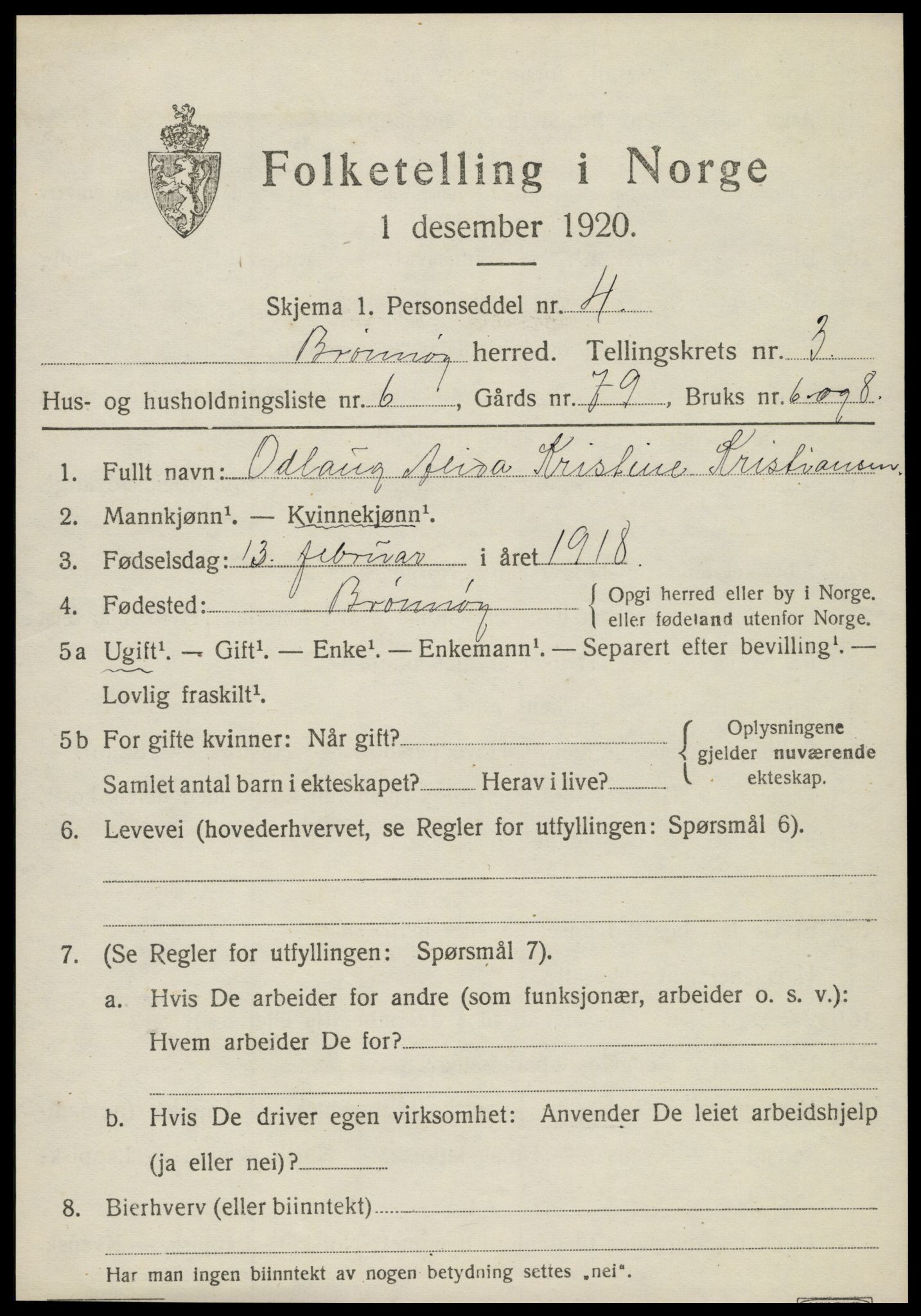 SAT, 1920 census for Brønnøy, 1920, p. 2564