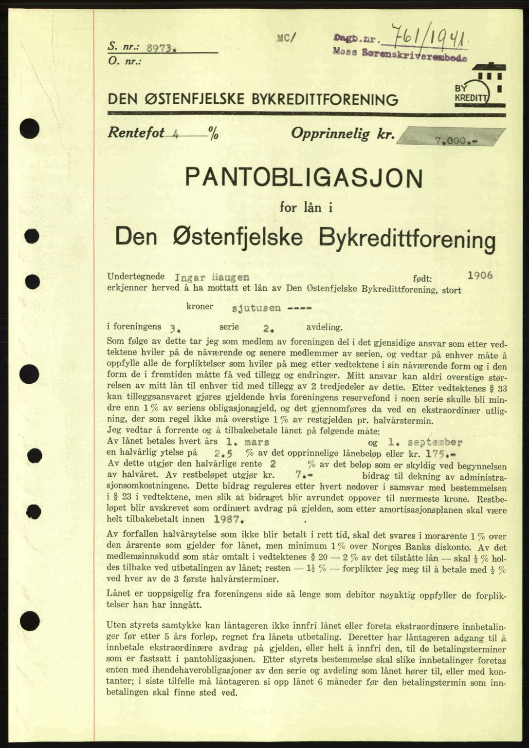 Moss sorenskriveri, SAO/A-10168: Mortgage book no. B10, 1940-1941, Diary no: : 761/1941