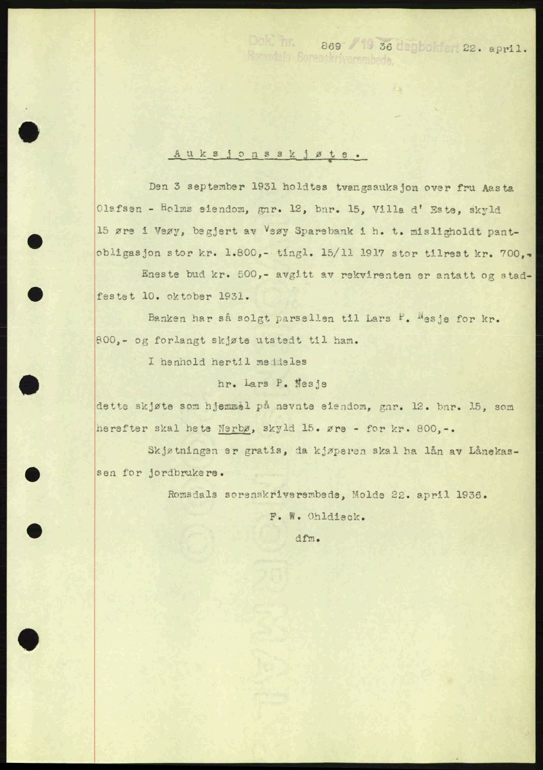 Romsdal sorenskriveri, AV/SAT-A-4149/1/2/2C: Mortgage book no. A1, 1936-1936, Diary no: : 869/1936