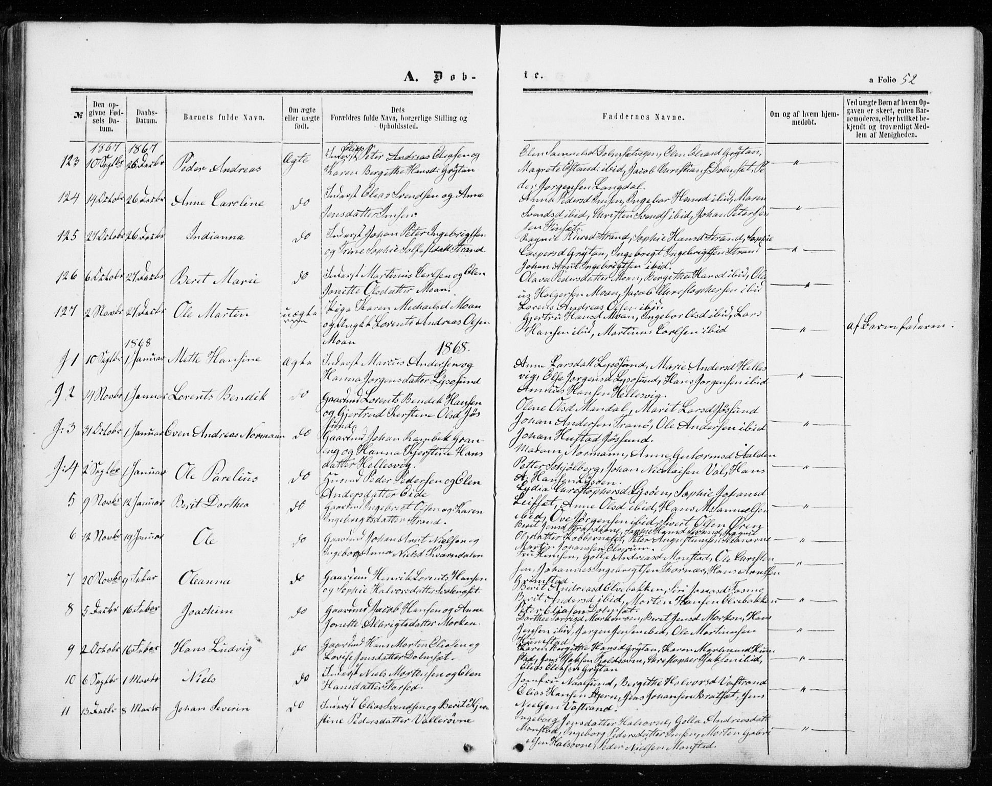 Ministerialprotokoller, klokkerbøker og fødselsregistre - Sør-Trøndelag, SAT/A-1456/655/L0678: Parish register (official) no. 655A07, 1861-1873, p. 52