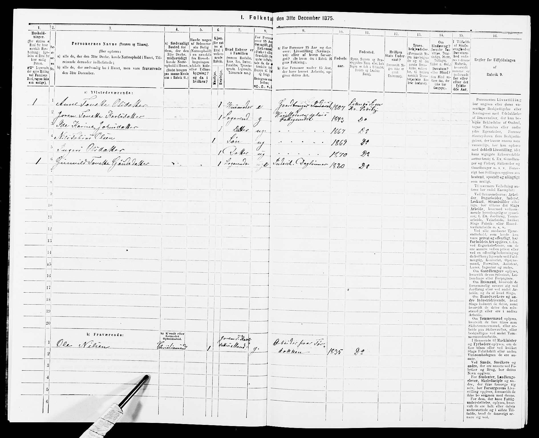 SAK, 1875 census for 1037P Kvinesdal, 1875, p. 286