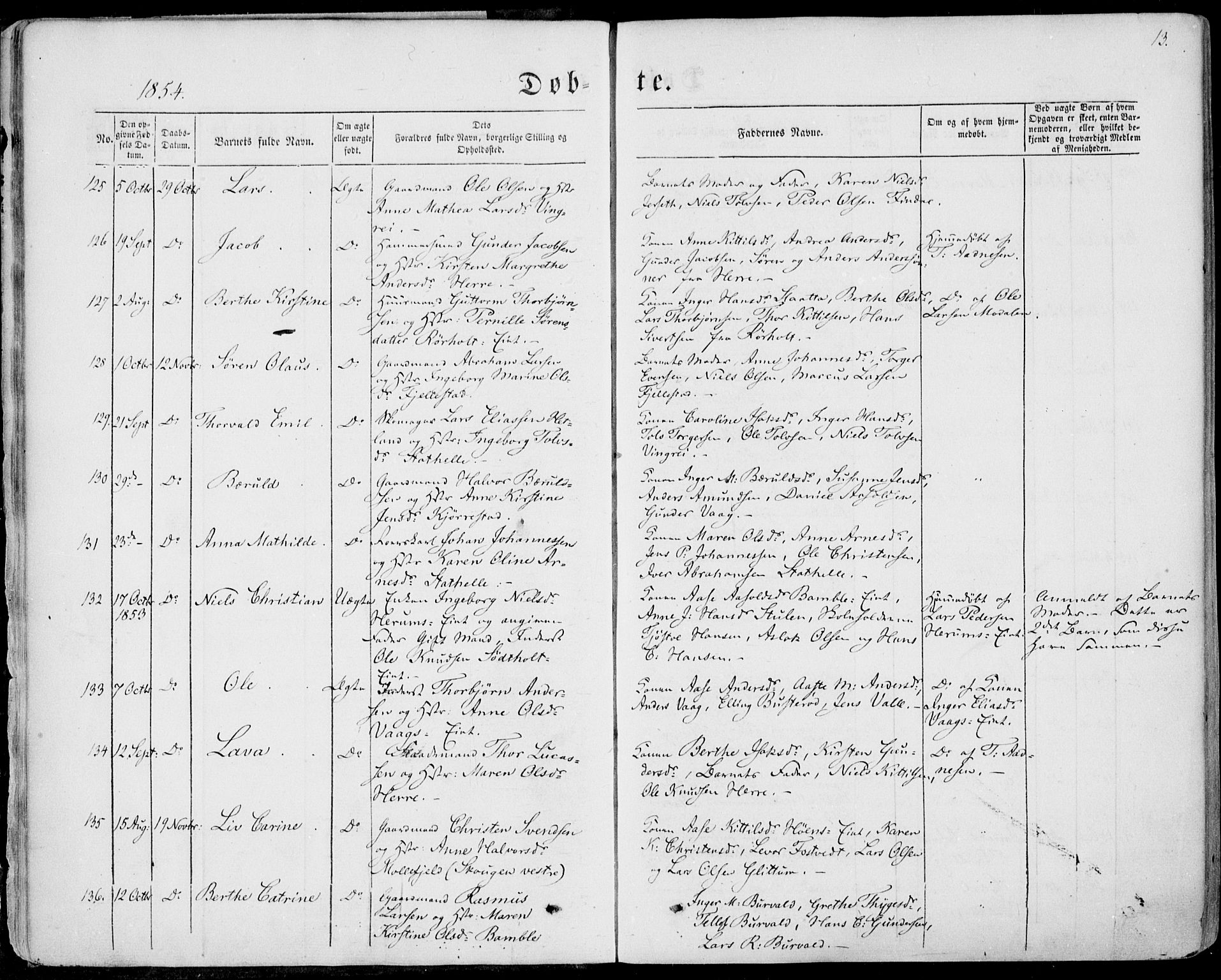 Bamble kirkebøker, AV/SAKO-A-253/F/Fa/L0005: Parish register (official) no. I 5, 1854-1869, p. 13