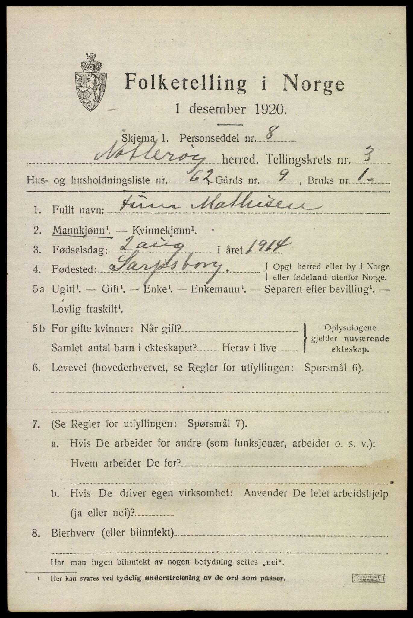 SAKO, 1920 census for Nøtterøy, 1920, p. 6213