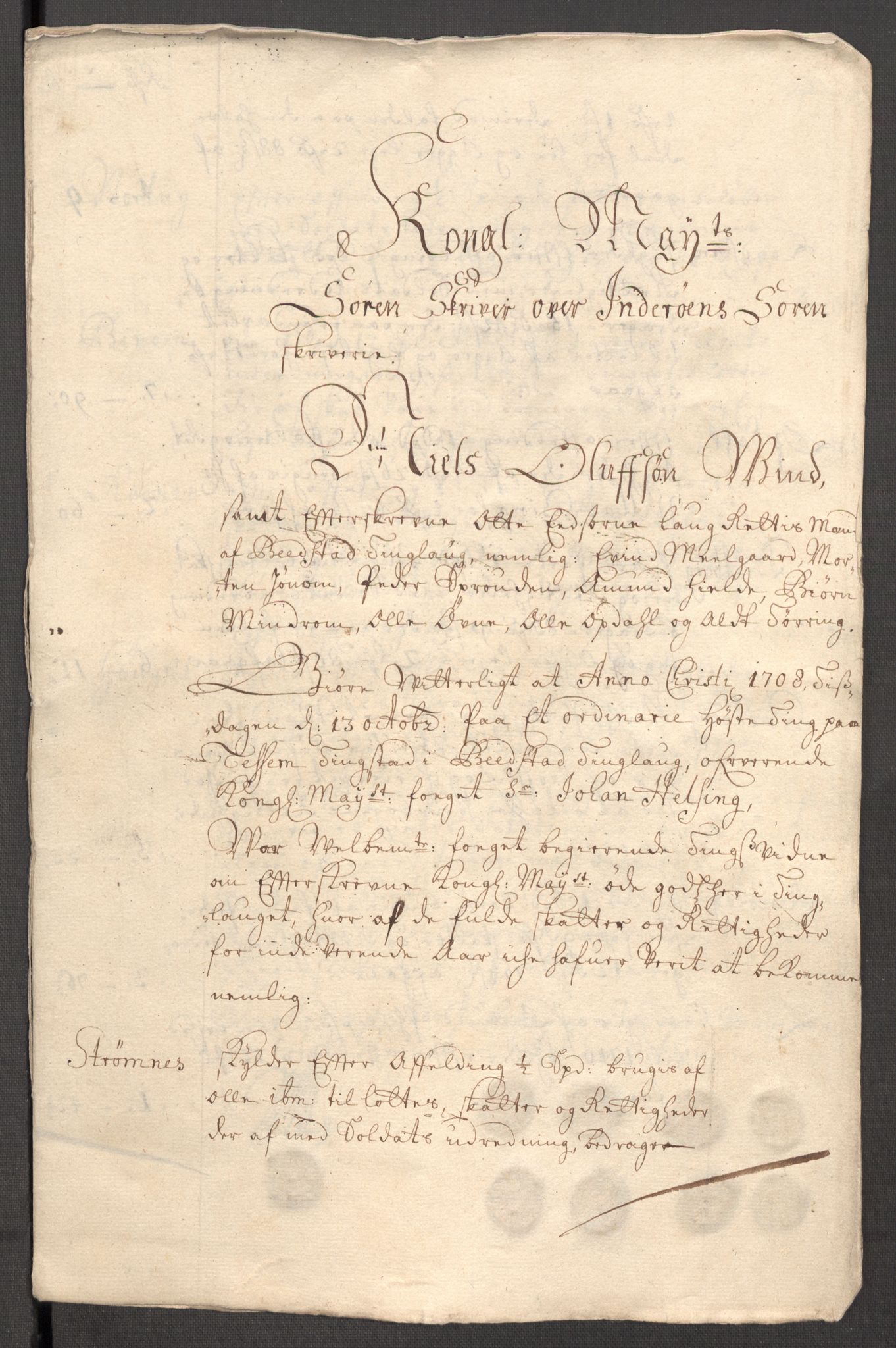 Rentekammeret inntil 1814, Reviderte regnskaper, Fogderegnskap, AV/RA-EA-4092/R63/L4316: Fogderegnskap Inderøy, 1708, p. 263