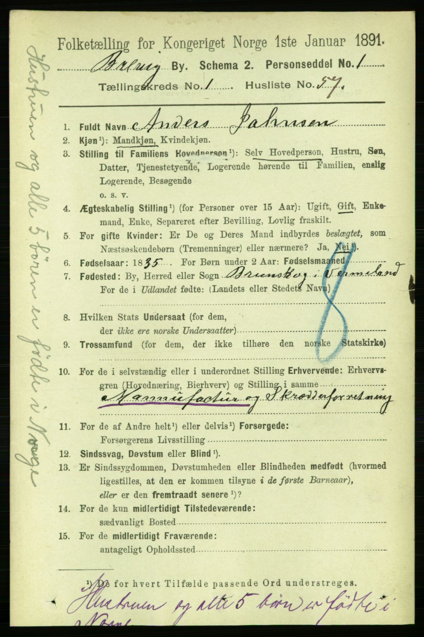 RA, 1891 census for 0804 Brevik, 1891, p. 1169
