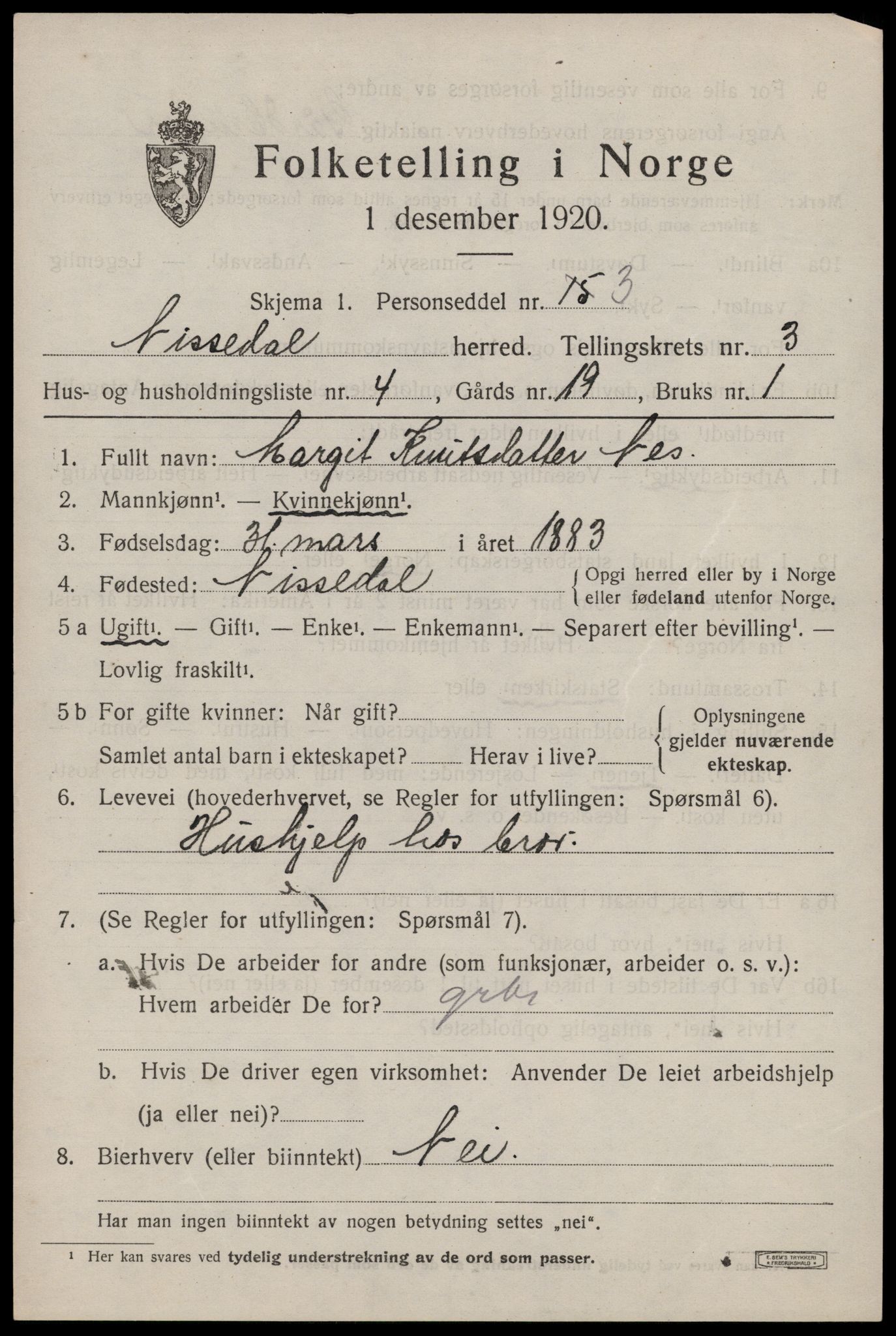 SAKO, 1920 census for Nissedal, 1920, p. 1525