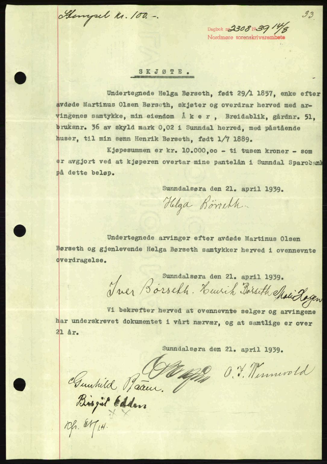 Nordmøre sorenskriveri, AV/SAT-A-4132/1/2/2Ca: Mortgage book no. A87, 1939-1940, Diary no: : 2308/1939