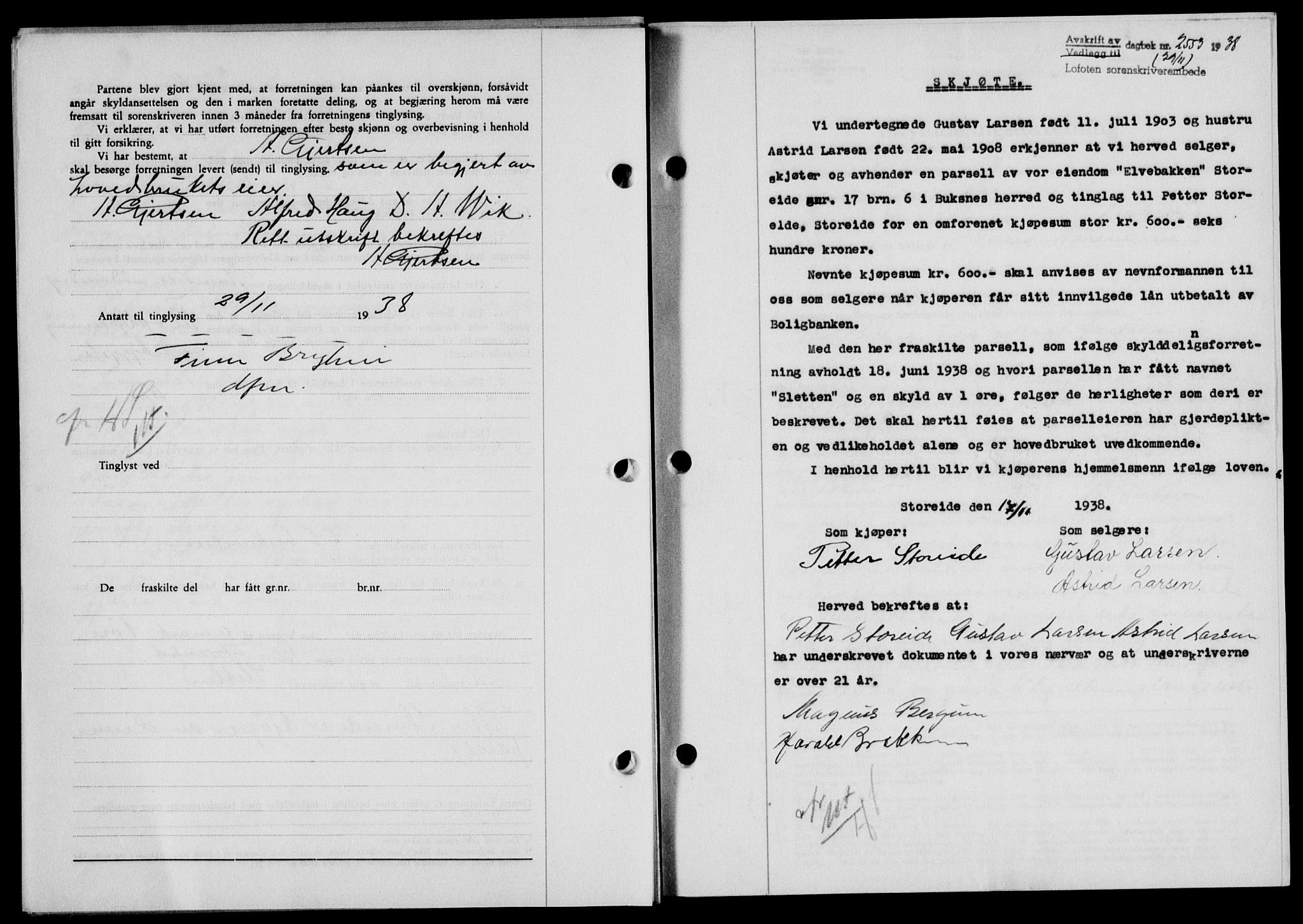 Lofoten sorenskriveri, SAT/A-0017/1/2/2C/L0004a: Mortgage book no. 4a, 1938-1938, Diary no: : 2553/1938