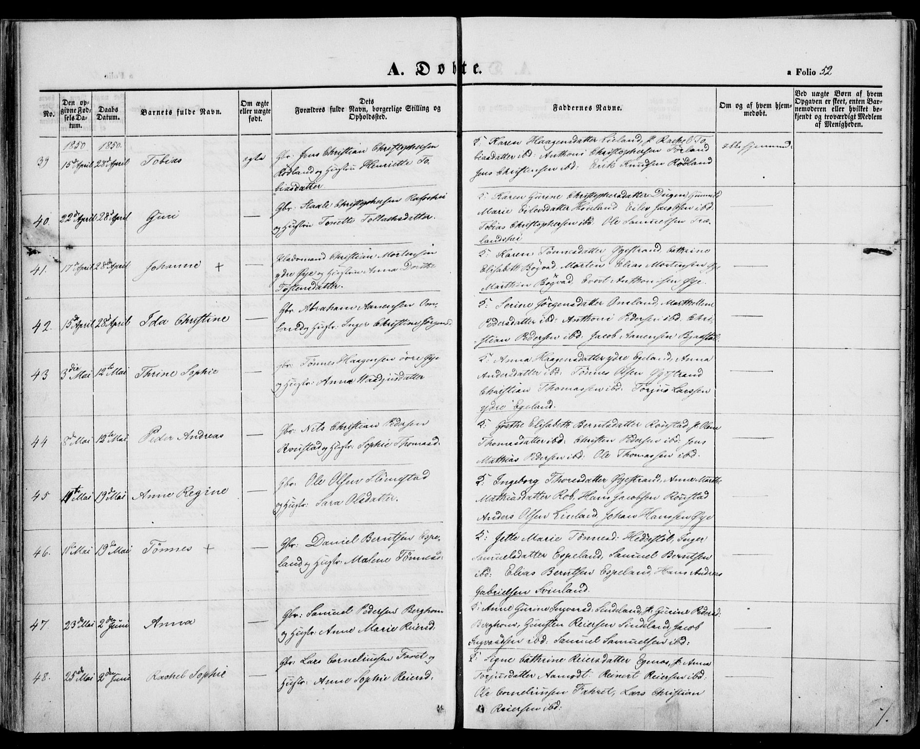 Kvinesdal sokneprestkontor, AV/SAK-1111-0026/F/Fa/Fab/L0005: Parish register (official) no. A 5, 1844-1857, p. 52