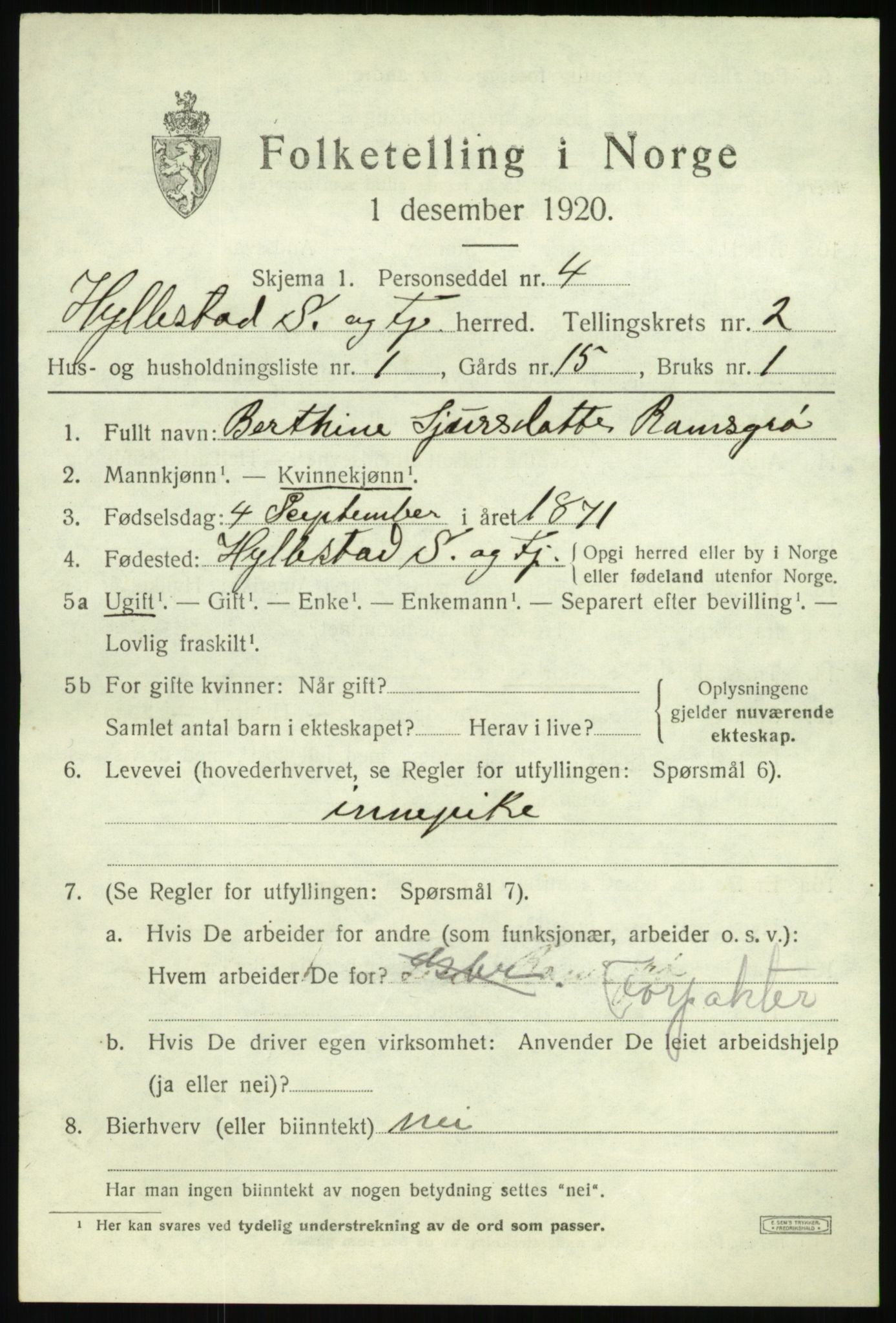 SAB, 1920 census for Hyllestad, 1920, p. 1384