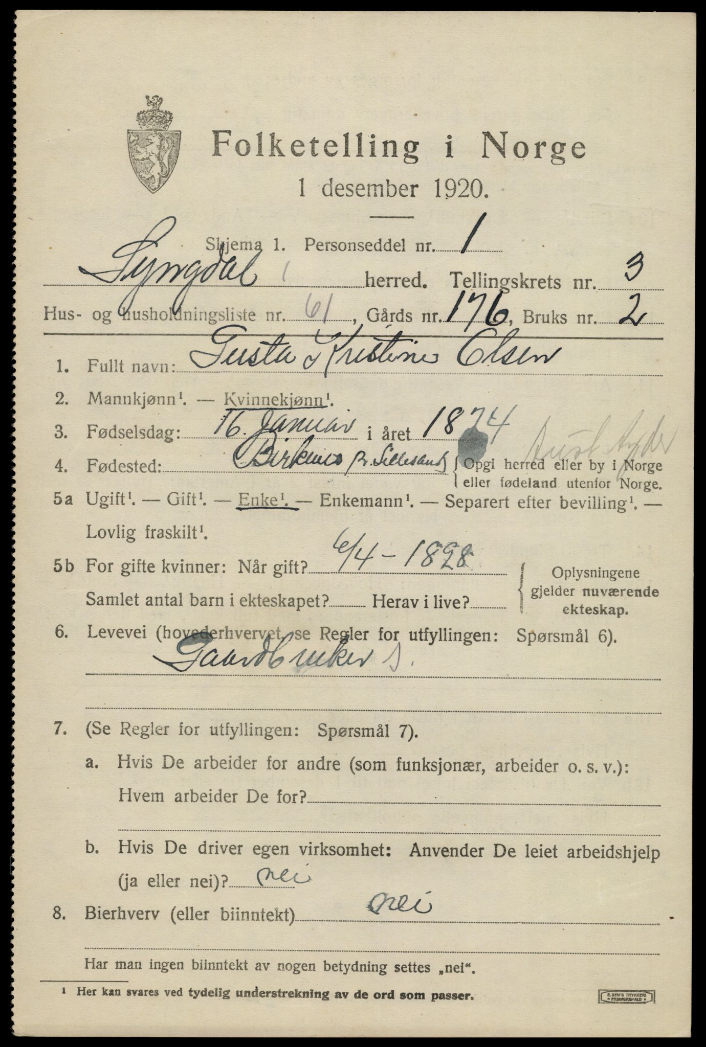 SAK, 1920 census for Lyngdal, 1920, p. 2391