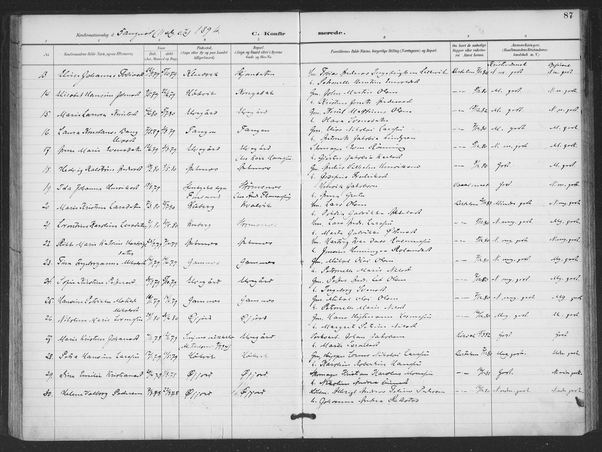 Ministerialprotokoller, klokkerbøker og fødselsregistre - Nordland, AV/SAT-A-1459/866/L0939: Parish register (official) no. 866A02, 1894-1906, p. 87