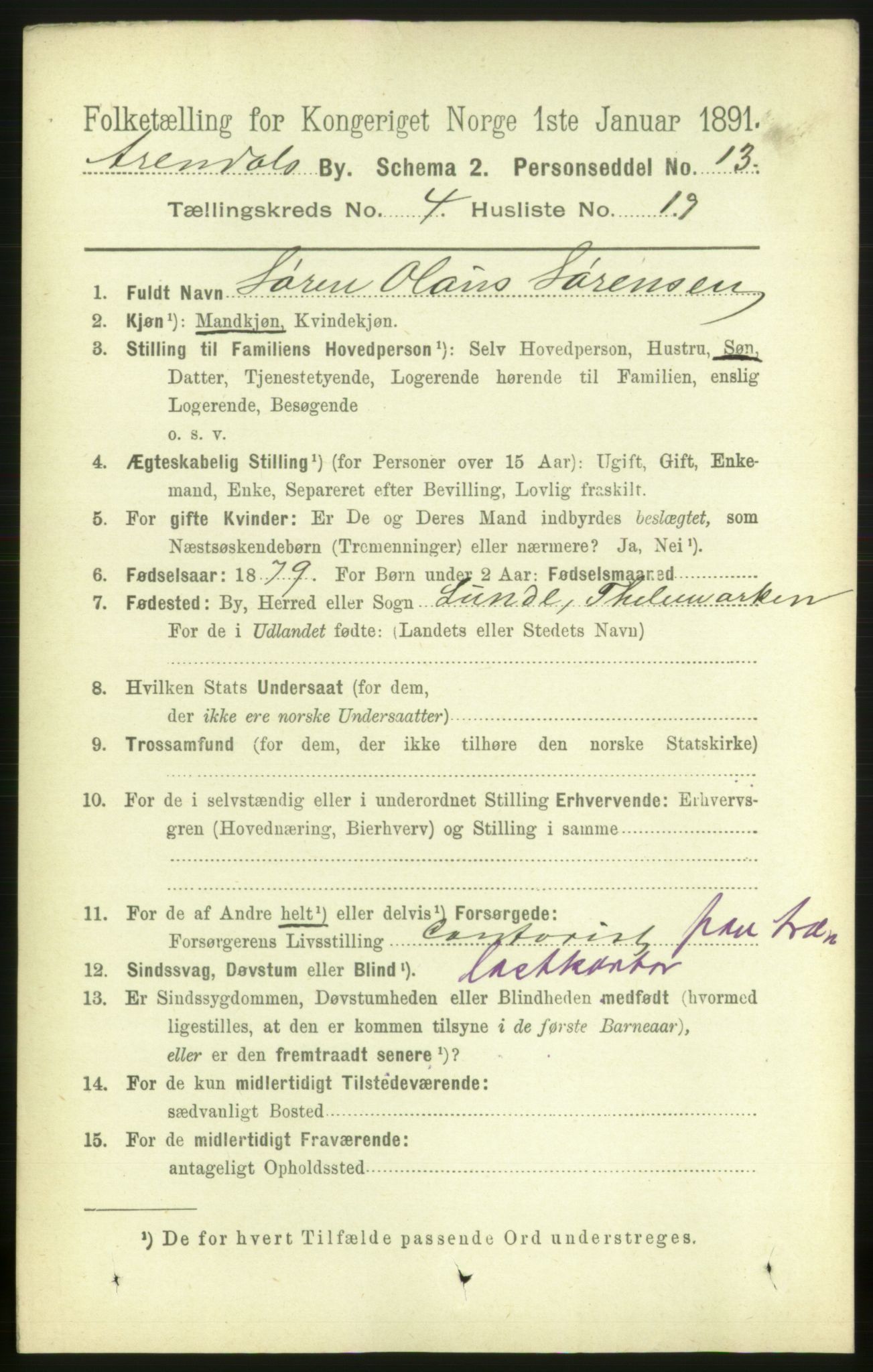 RA, 1891 census for 0903 Arendal, 1891, p. 1783