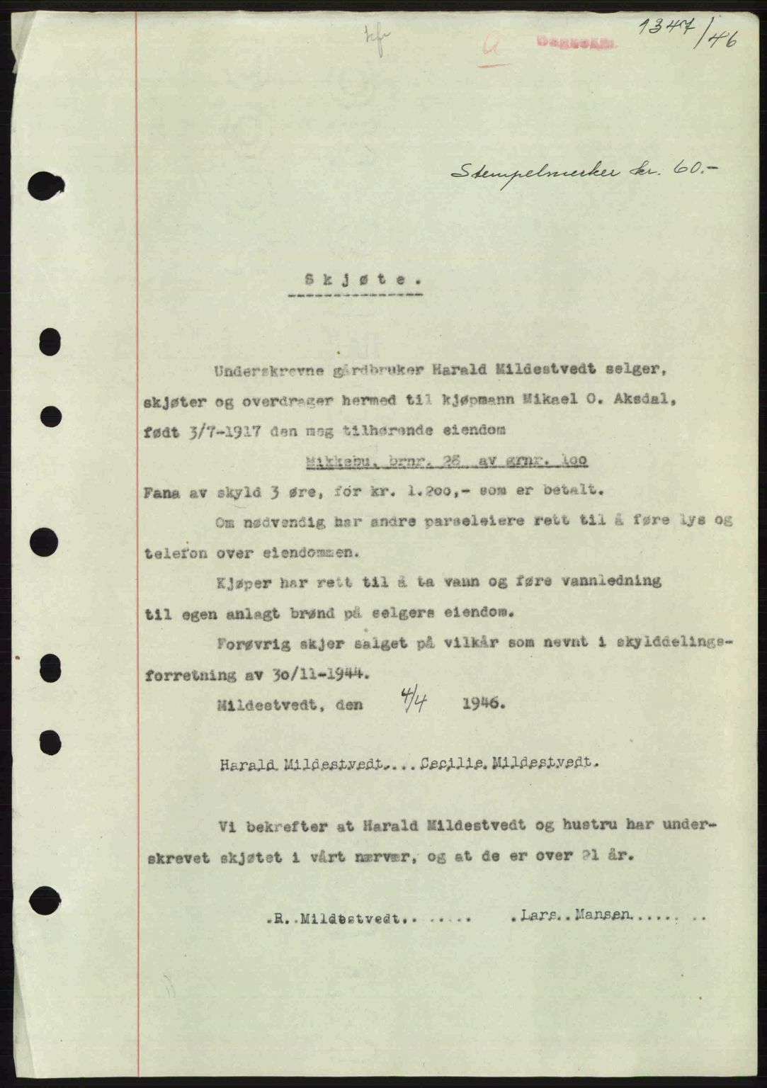 Midhordland sorenskriveri, AV/SAB-A-3001/1/G/Gb/Gbj/L0022: Mortgage book no. A41-43, 1946-1946, Diary no: : 1347/1946