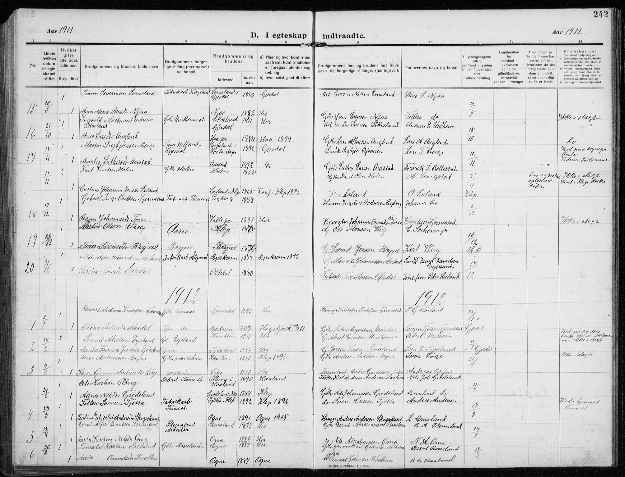 Time sokneprestkontor, AV/SAST-A-101795/001/30BB/L0001: Parish register (copy) no. B 1, 1910-1932, p. 242