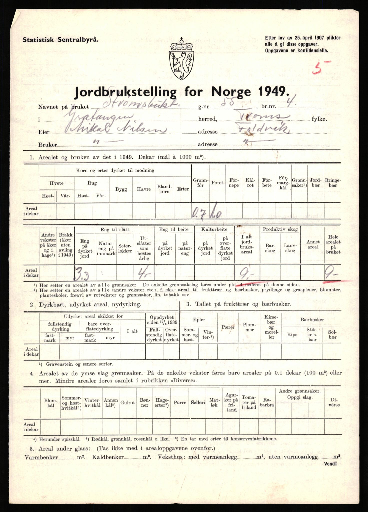 Statistisk sentralbyrå, Næringsøkonomiske emner, Jordbruk, skogbruk, jakt, fiske og fangst, AV/RA-S-2234/G/Gc/L0437: Troms: Gratangen og Lavangen, 1949, p. 626