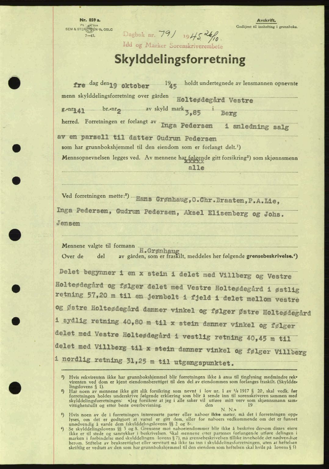 Idd og Marker sorenskriveri, AV/SAO-A-10283/G/Gb/Gbb/L0007: Mortgage book no. A7, 1944-1945, Diary no: : 791/1945