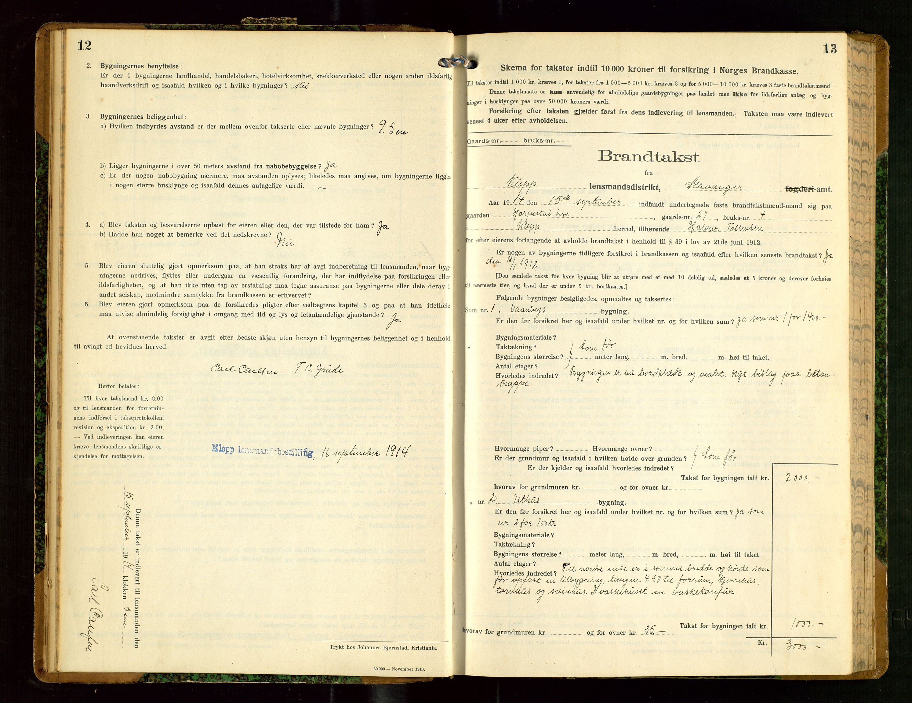 Klepp lensmannskontor, AV/SAST-A-100163/Goc/L0008: "Brandtakstprotokol" m/register, 1914-1917, p. 12-13