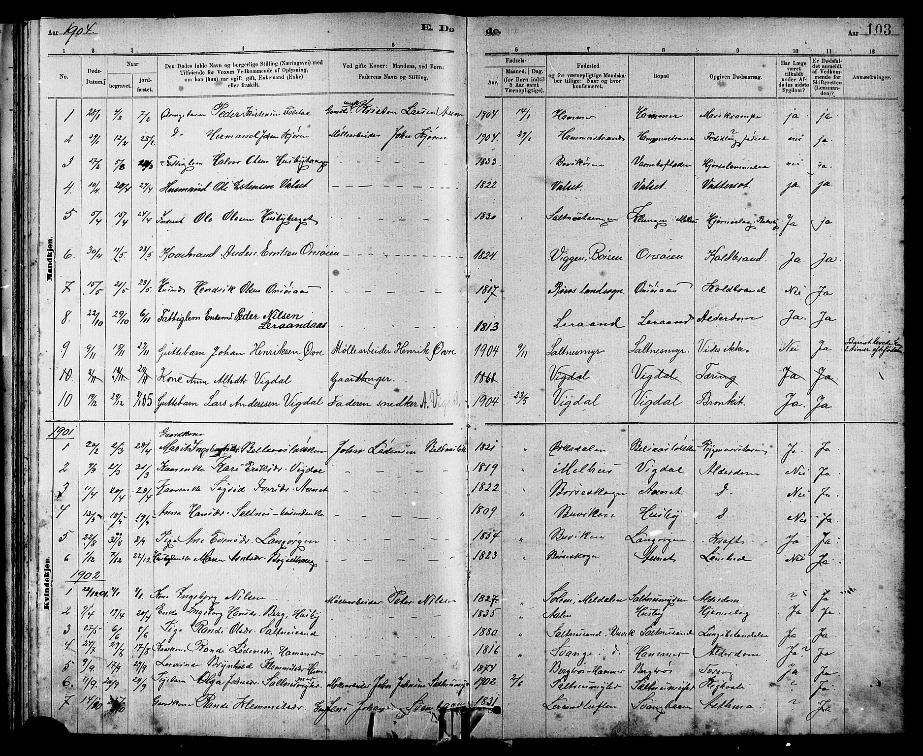 Ministerialprotokoller, klokkerbøker og fødselsregistre - Sør-Trøndelag, SAT/A-1456/666/L0790: Parish register (copy) no. 666C03, 1885-1908, p. 103
