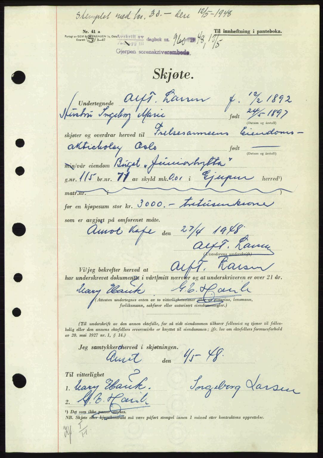 Gjerpen sorenskriveri, AV/SAKO-A-216/G/Ga/Gae/L0083: Mortgage book no. A-83, 1947-1948, Diary no: : 960/1948