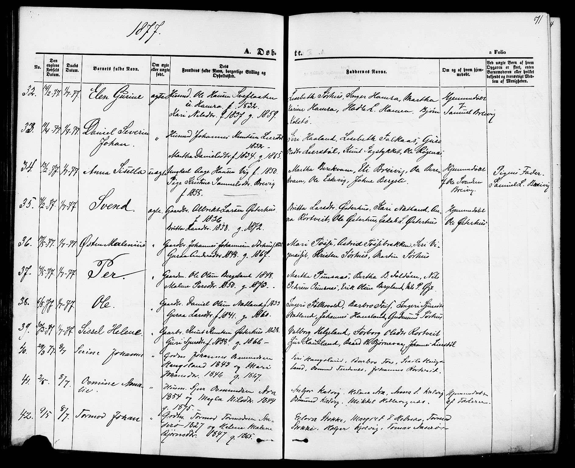 Jelsa sokneprestkontor, AV/SAST-A-101842/01/IV: Parish register (official) no. A 8, 1867-1883, p. 71