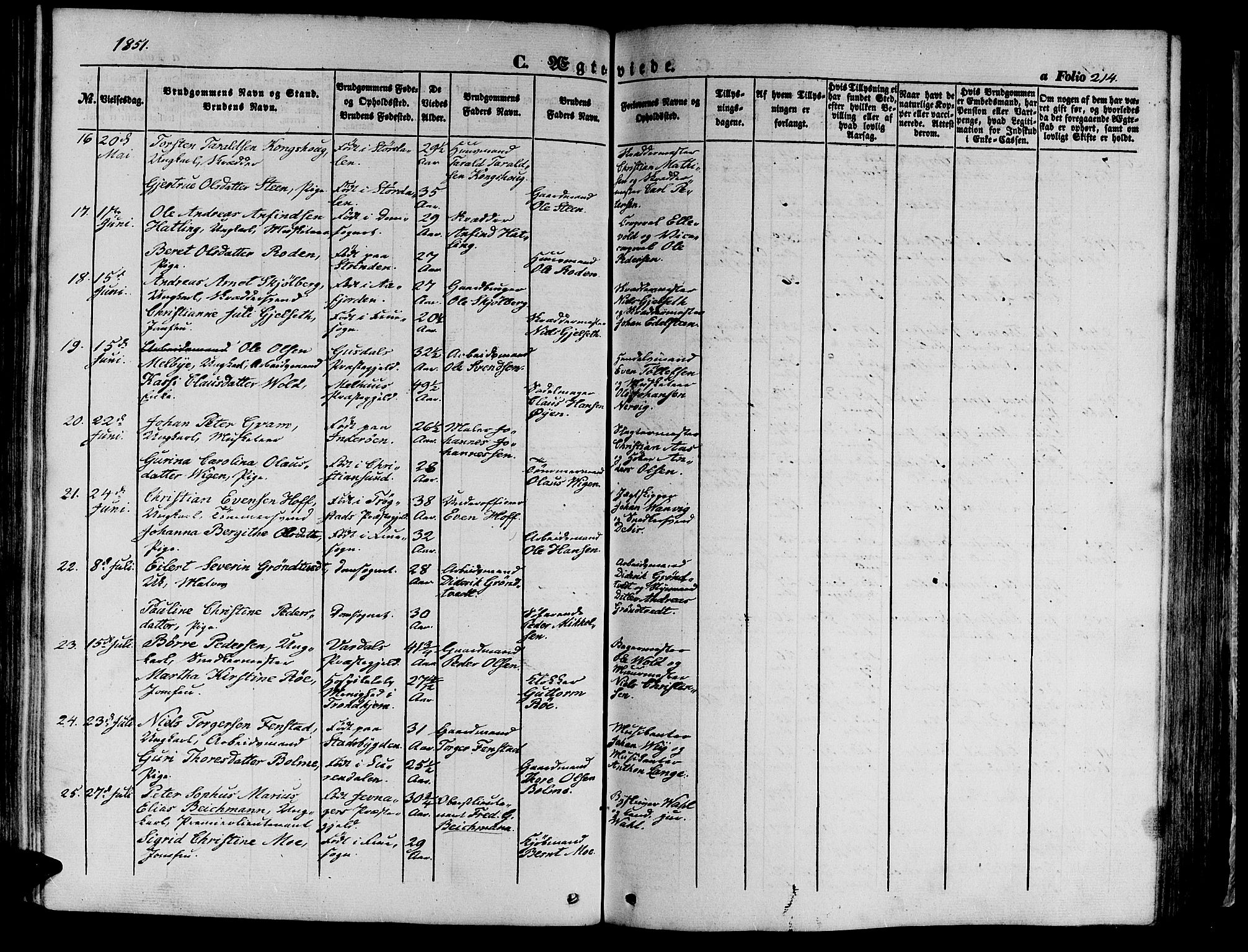 Ministerialprotokoller, klokkerbøker og fødselsregistre - Sør-Trøndelag, SAT/A-1456/602/L0137: Parish register (copy) no. 602C05, 1846-1856, p. 214