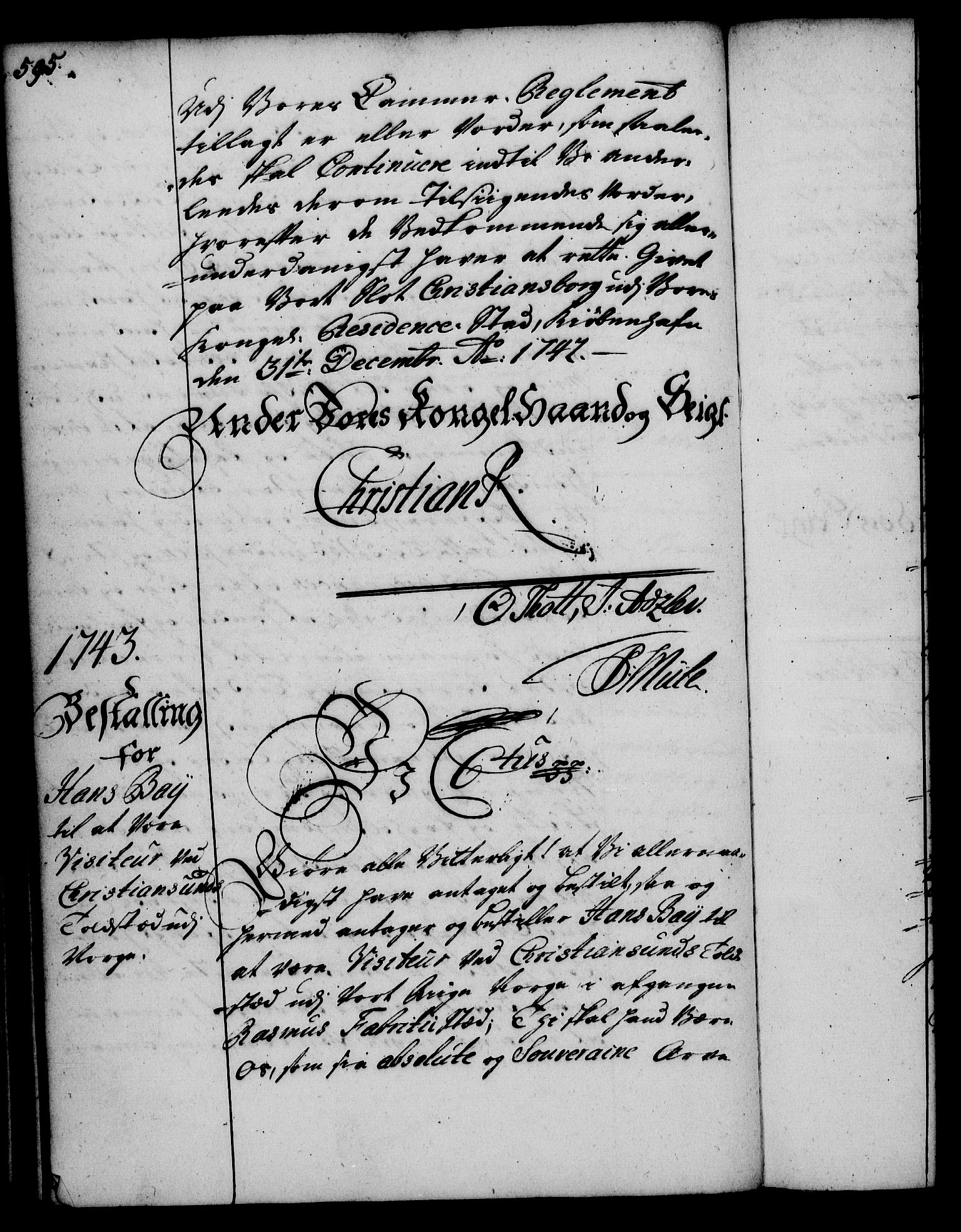 Rentekammeret, Kammerkanselliet, RA/EA-3111/G/Gg/Gge/L0002: Norsk bestallingsprotokoll med register (merket RK 53.26), 1730-1744, p. 595