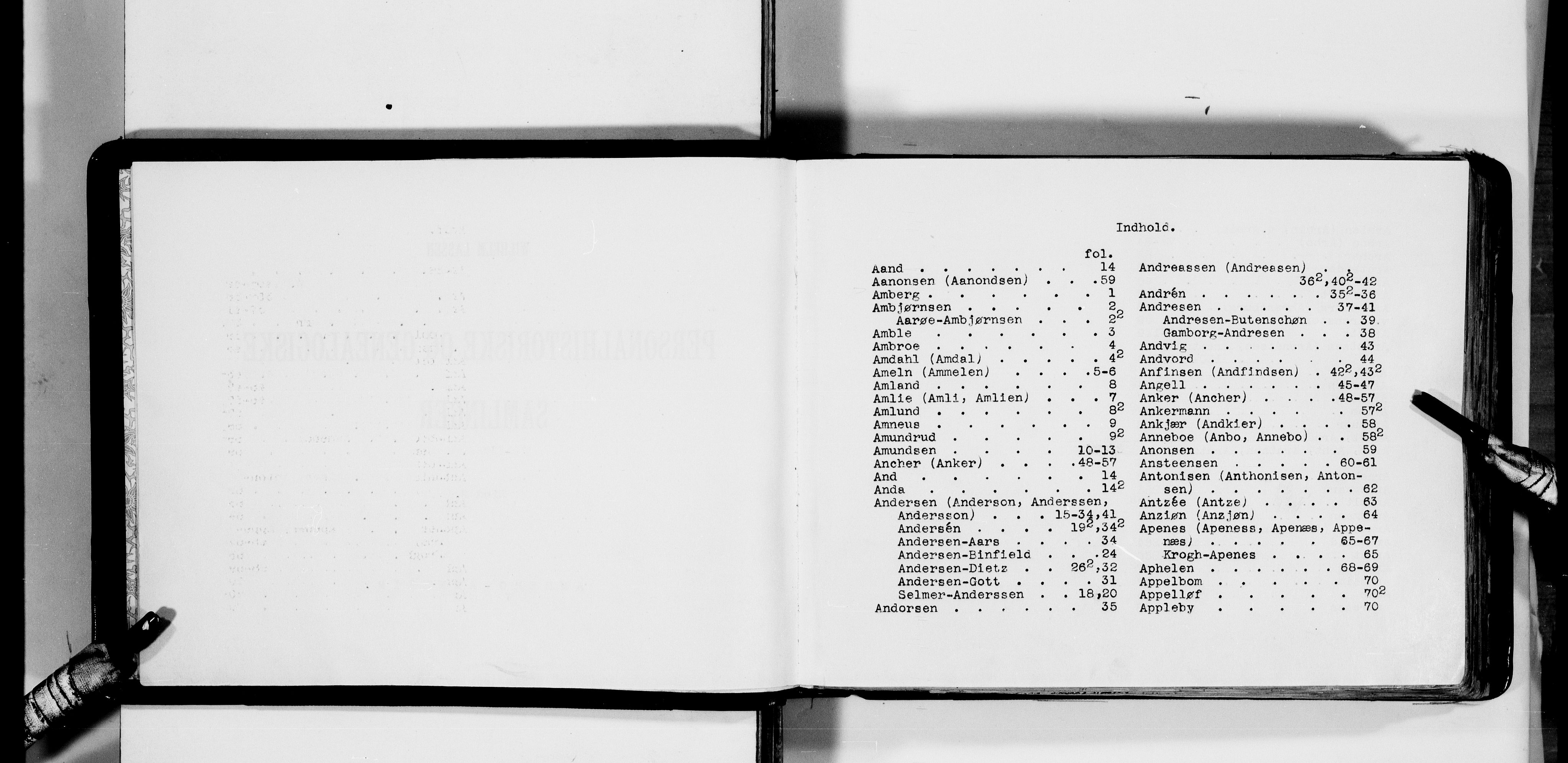 Lassens samlinger, AV/RA-PA-0051/F/Fa/L0002: Personalhistoriske og genealogiske opptegnelser: Amberg - Arnheim, 1500-1907