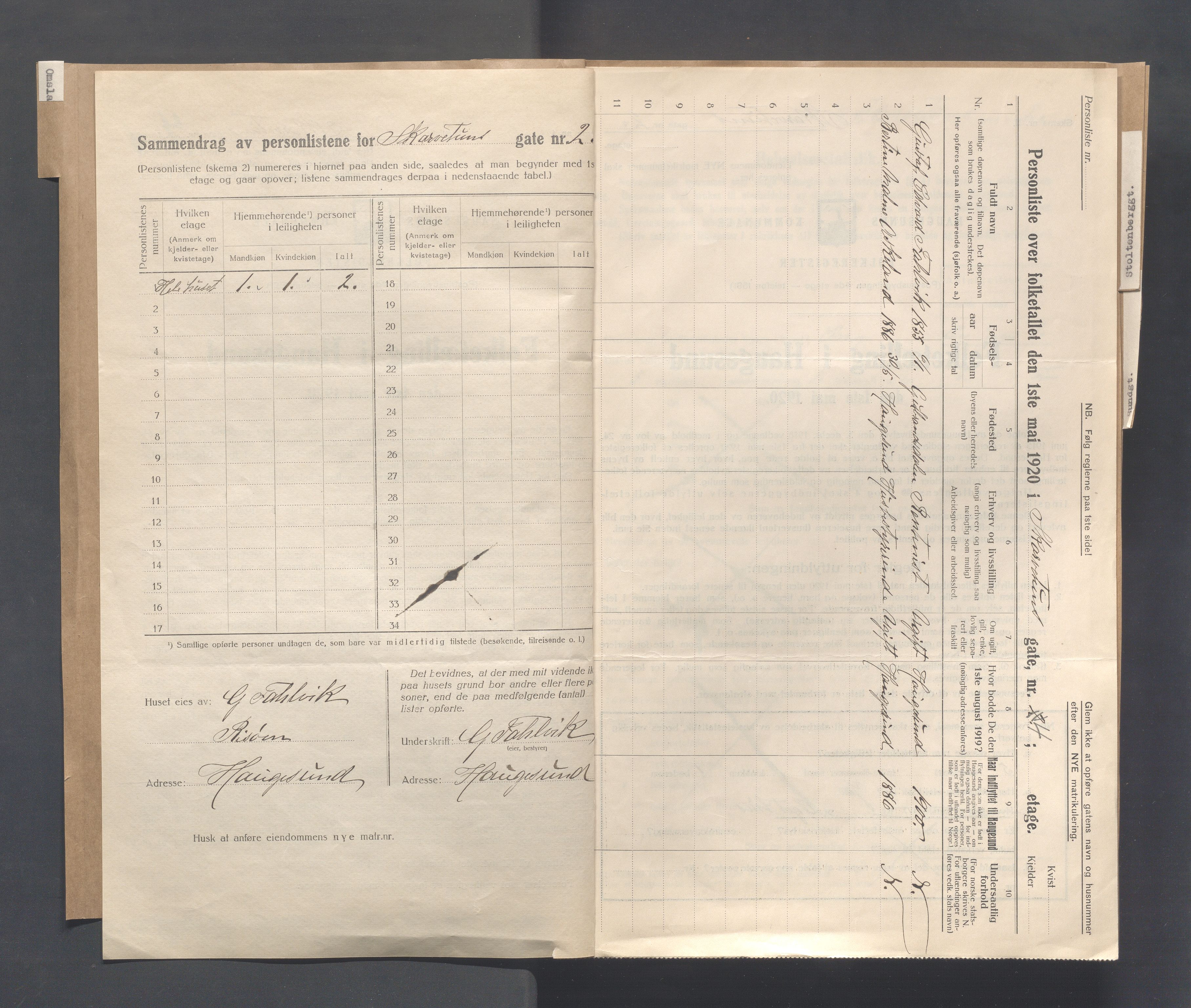 IKAR, Local census 1.5.1920 for Haugesund, 1920, p. 6742