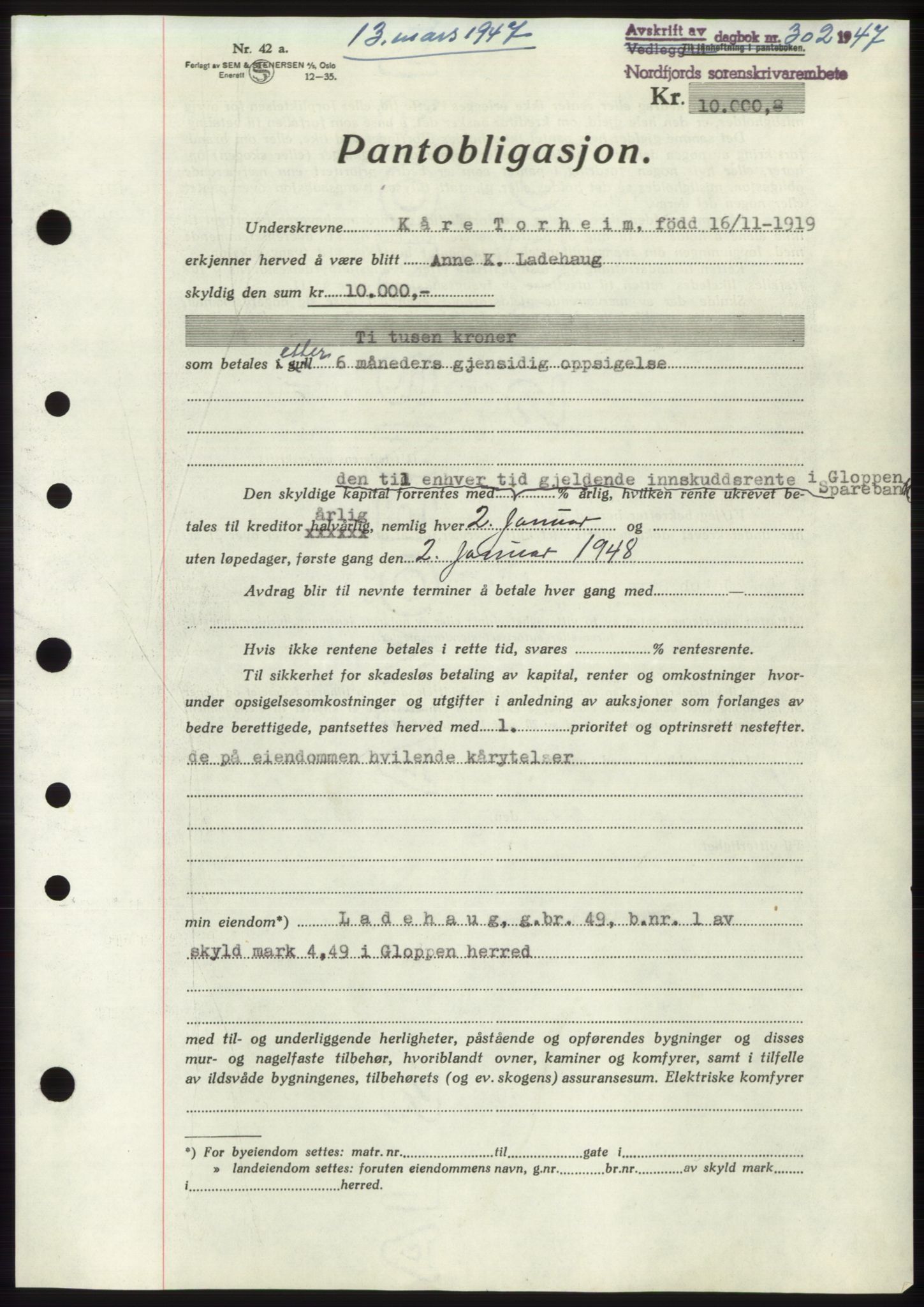 Nordfjord sorenskriveri, SAB/A-2801/02/02b/02bk/L0005: Mortgage book no. B7-8, 1946-1947, Diary no: : 302/1947