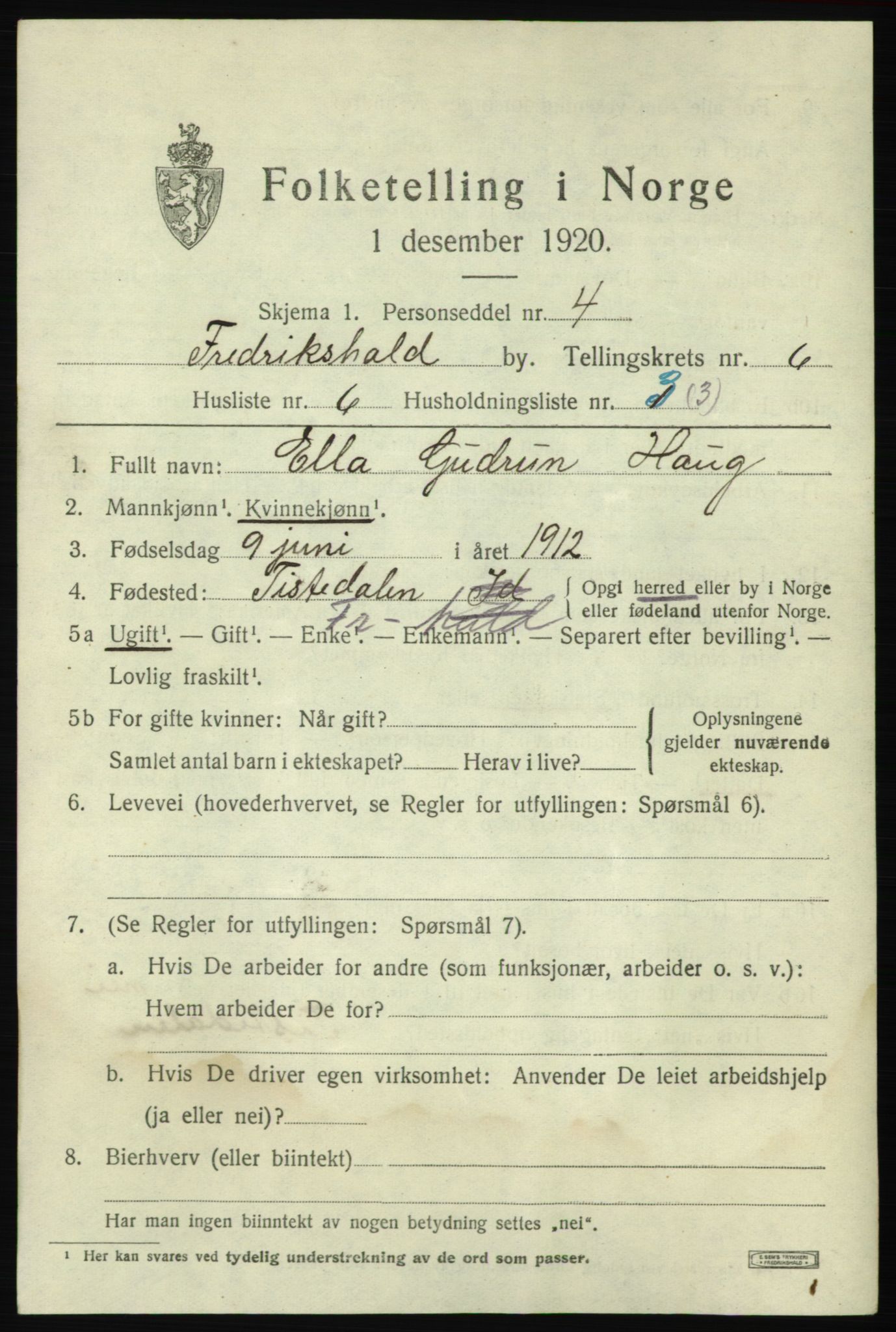 SAO, 1920 census for Fredrikshald, 1920, p. 12916