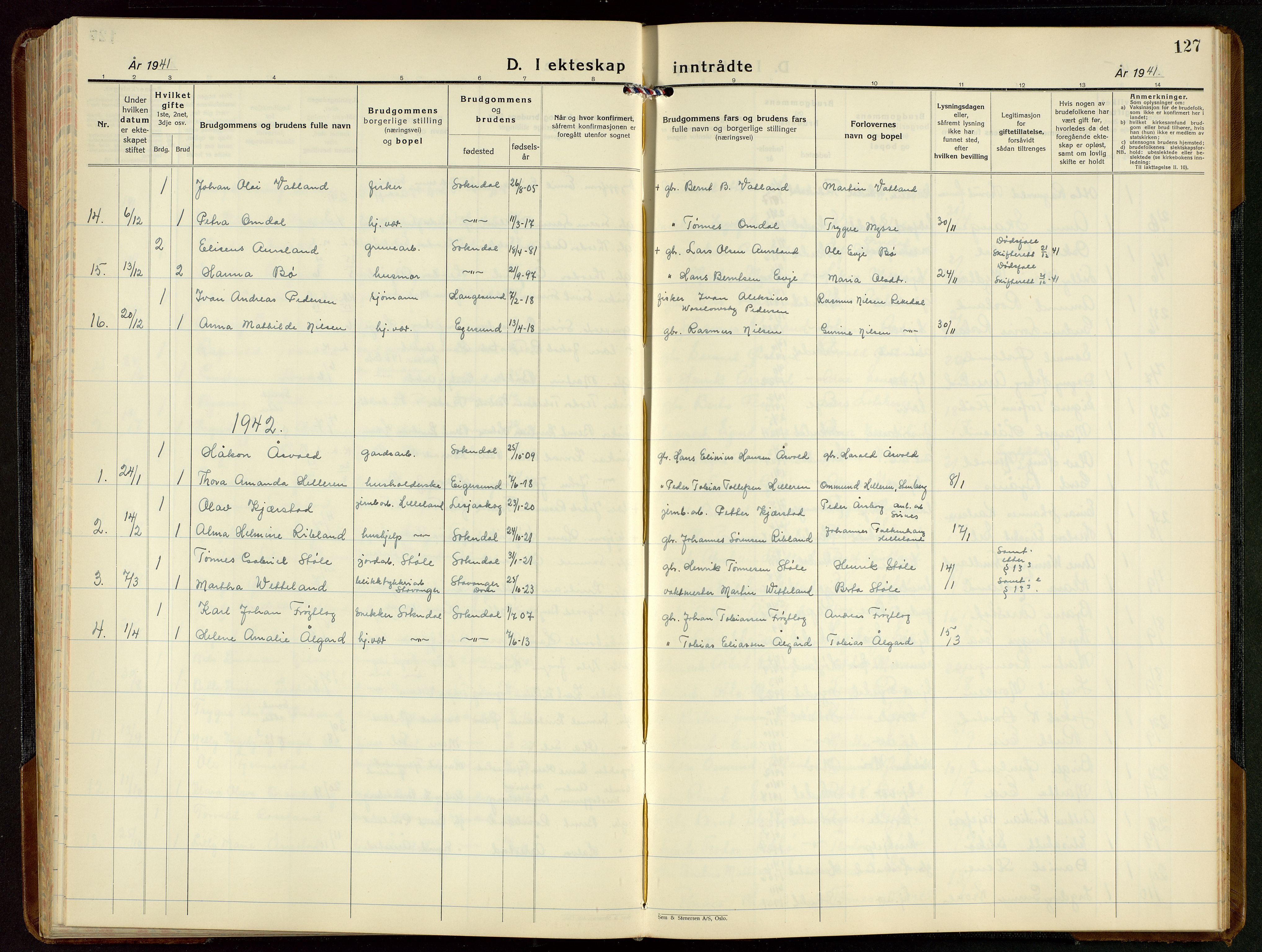 Sokndal sokneprestkontor, SAST/A-101808: Parish register (copy) no. B 9, 1935-1949, p. 127