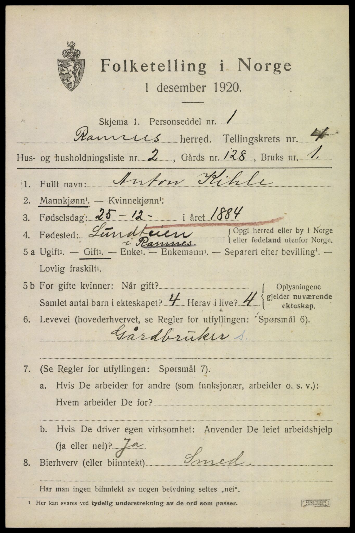 SAKO, 1920 census for Ramnes, 1920, p. 4332