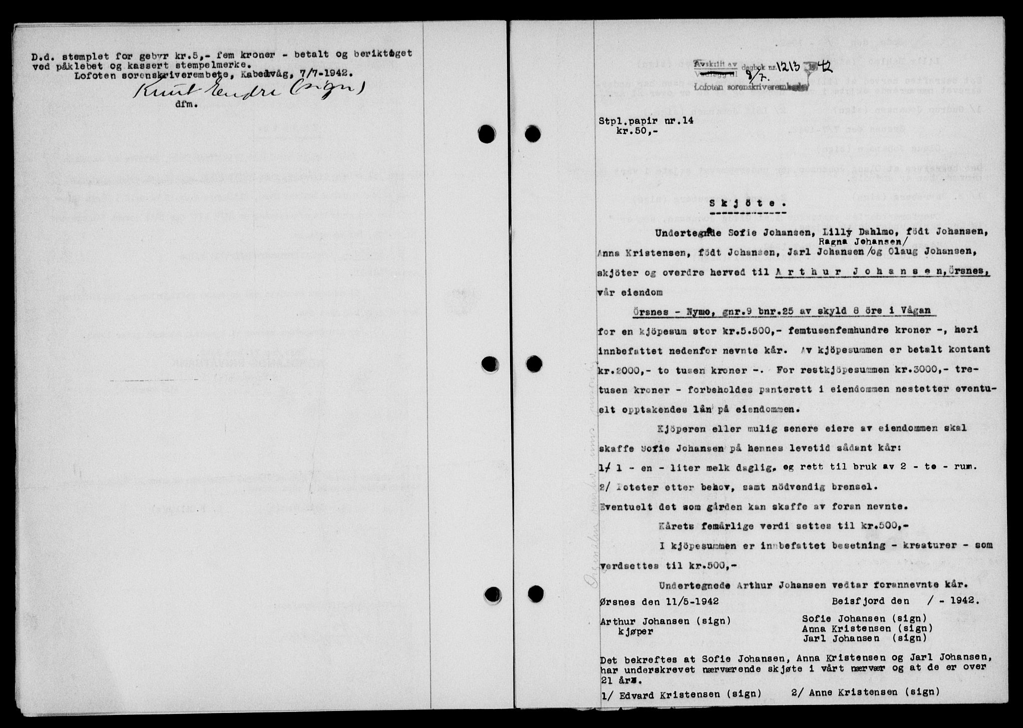 Lofoten sorenskriveri, AV/SAT-A-0017/1/2/2C/L0010a: Mortgage book no. 10a, 1942-1943, Diary no: : 1213/1942