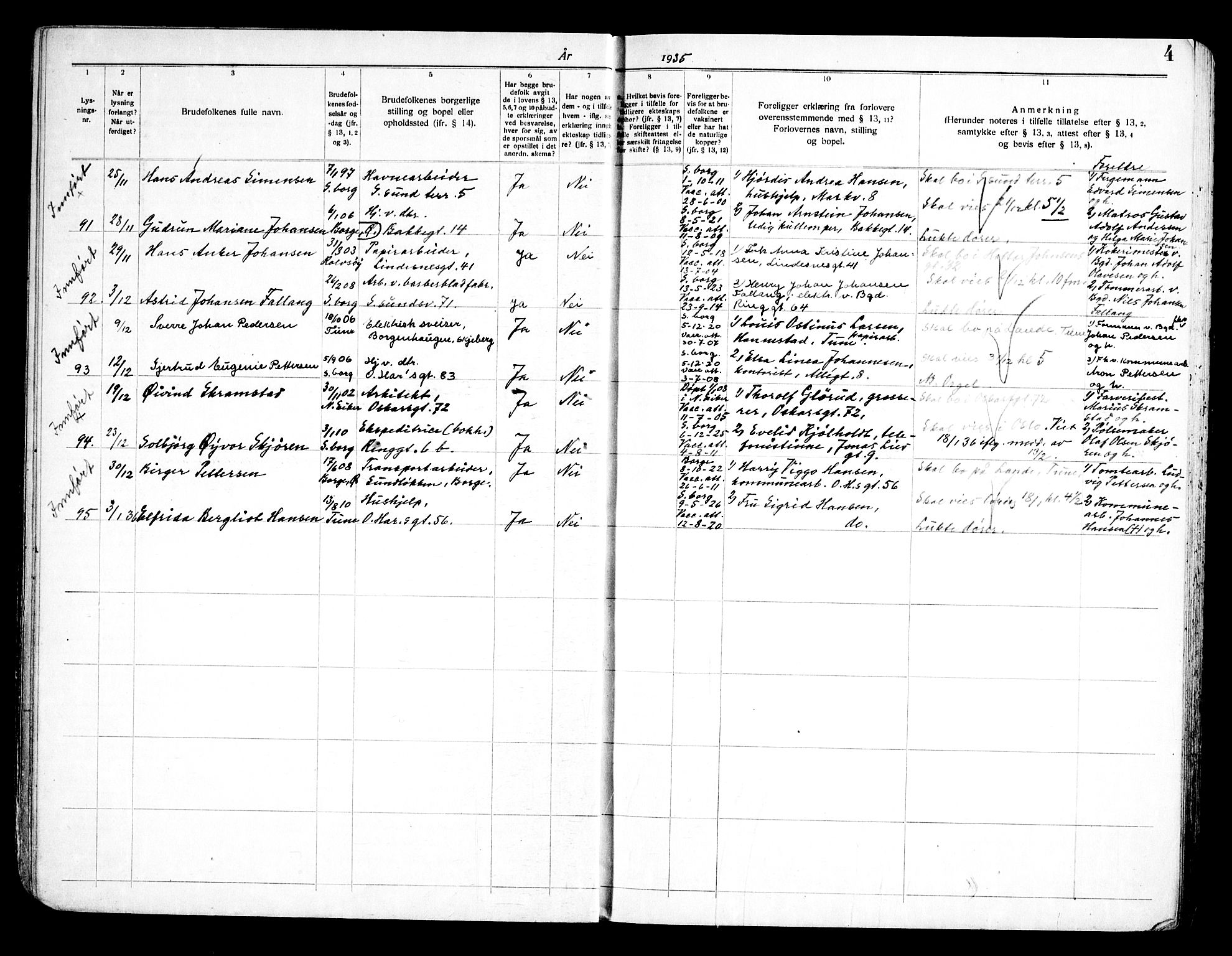 Sarpsborg prestekontor Kirkebøker, AV/SAO-A-2006/H/Ha/L0004: Banns register no. 4, 1935-1947, p. 4