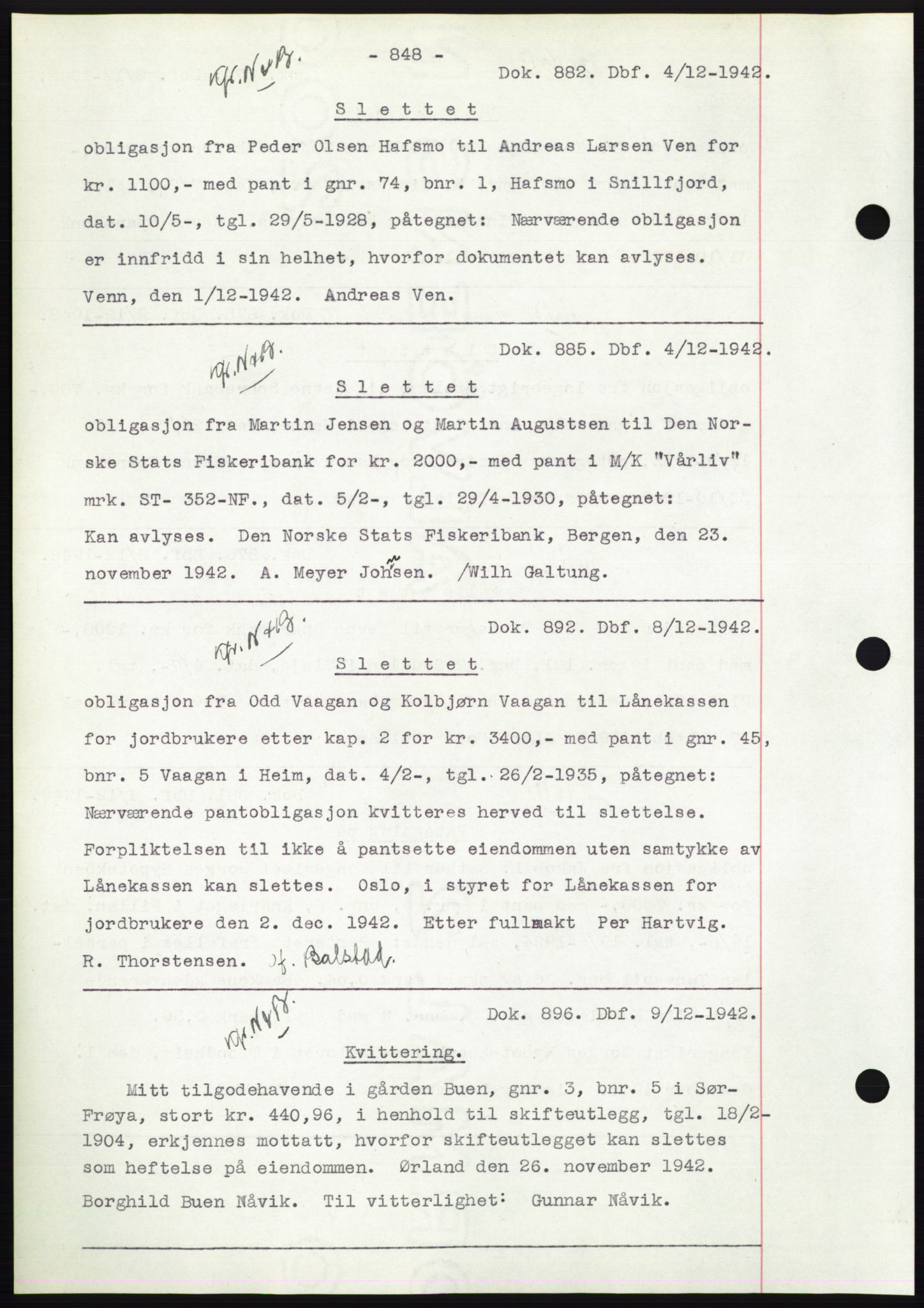 Hitra sorenskriveri, AV/SAT-A-0018/2/2C/2Ca: Mortgage book no. C1, 1936-1945, Diary no: : 882/1942