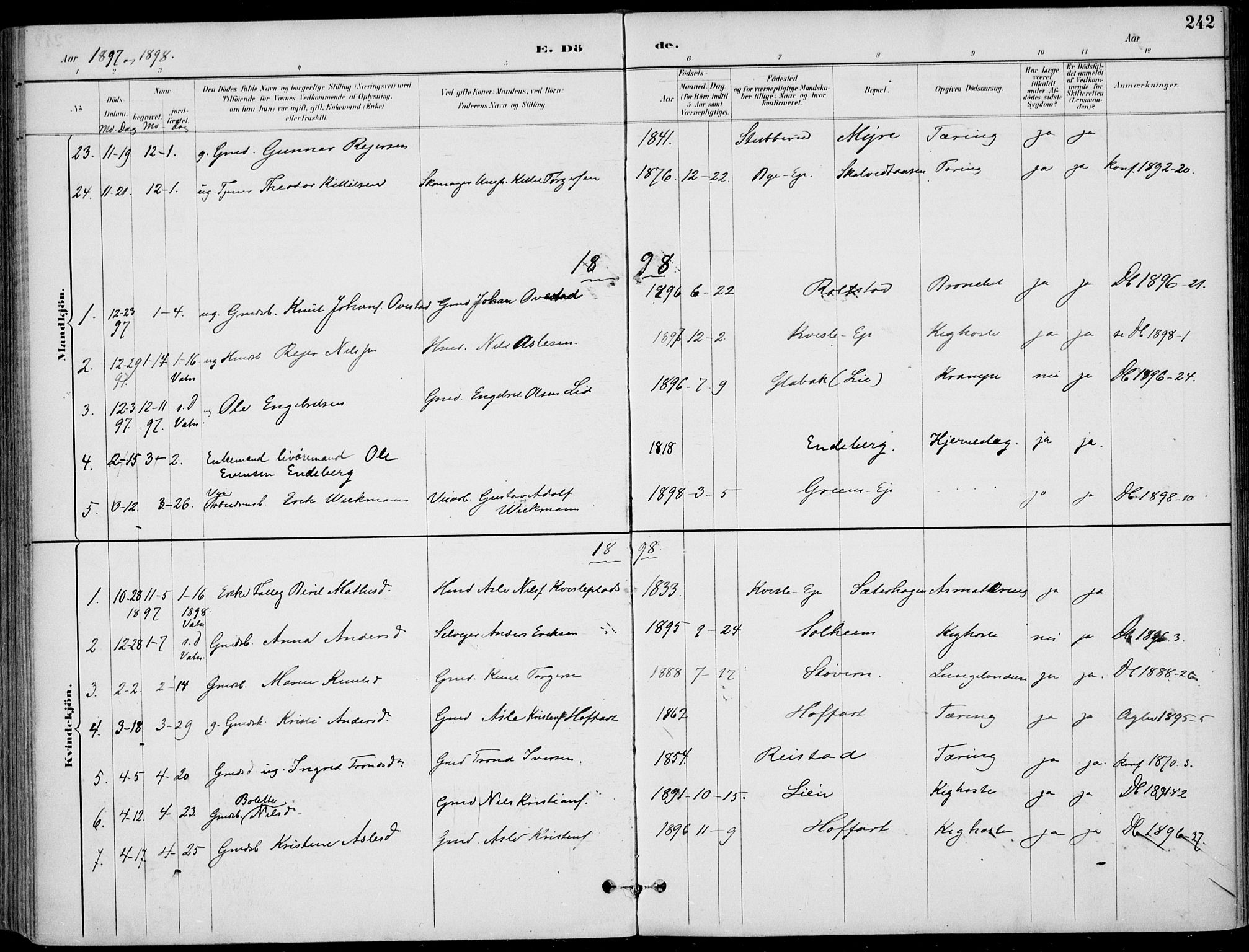 Sigdal kirkebøker, AV/SAKO-A-245/F/Fb/L0001: Parish register (official) no. II 1, 1888-1900, p. 242